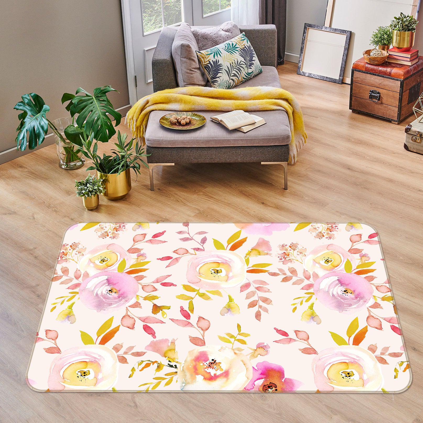 3D Pink Leaves Flower 095 Uta Naumann Rug Non Slip Rug Mat