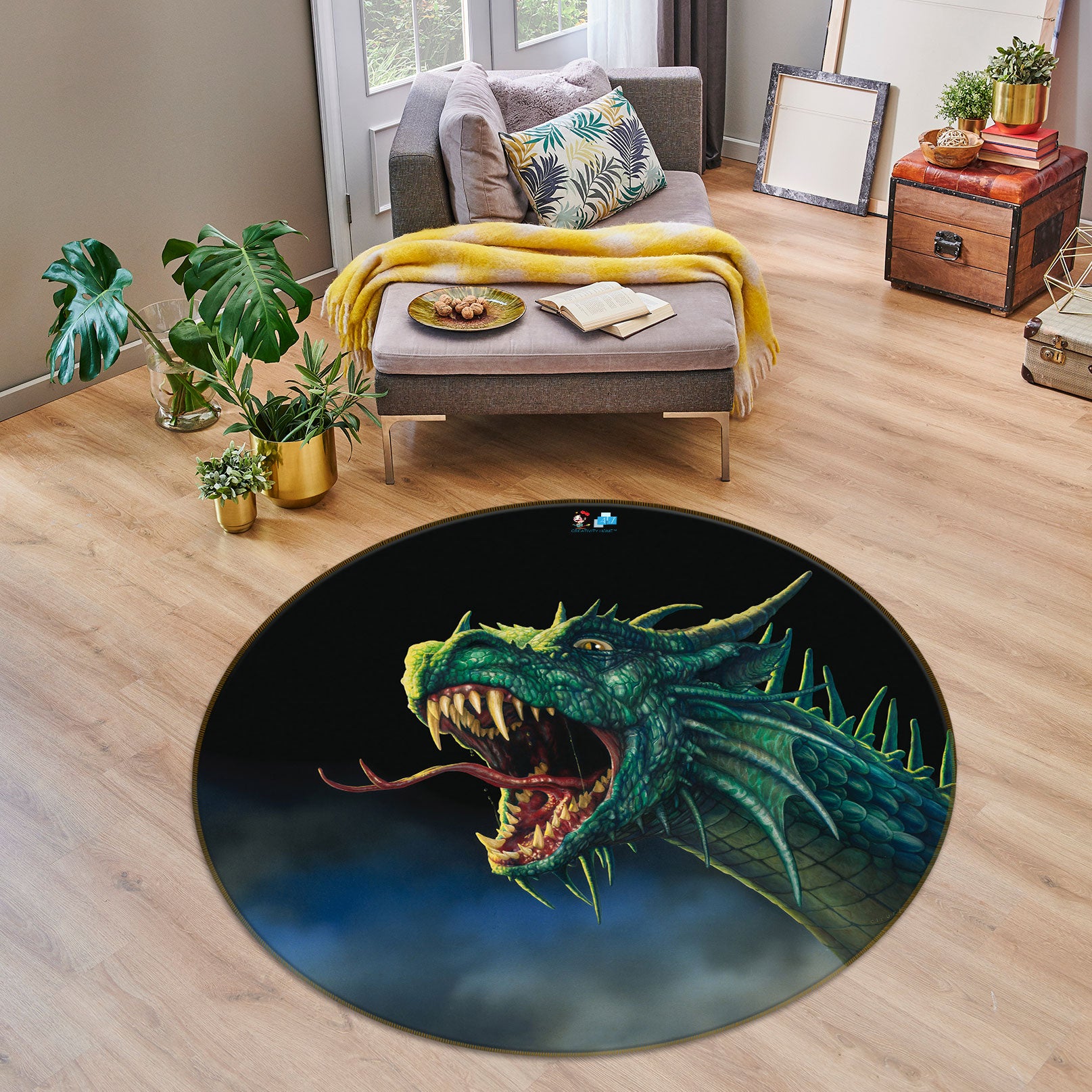 3D Green Dragon Head 6067 Ciruelo Rug Round Non Slip Rug Mat