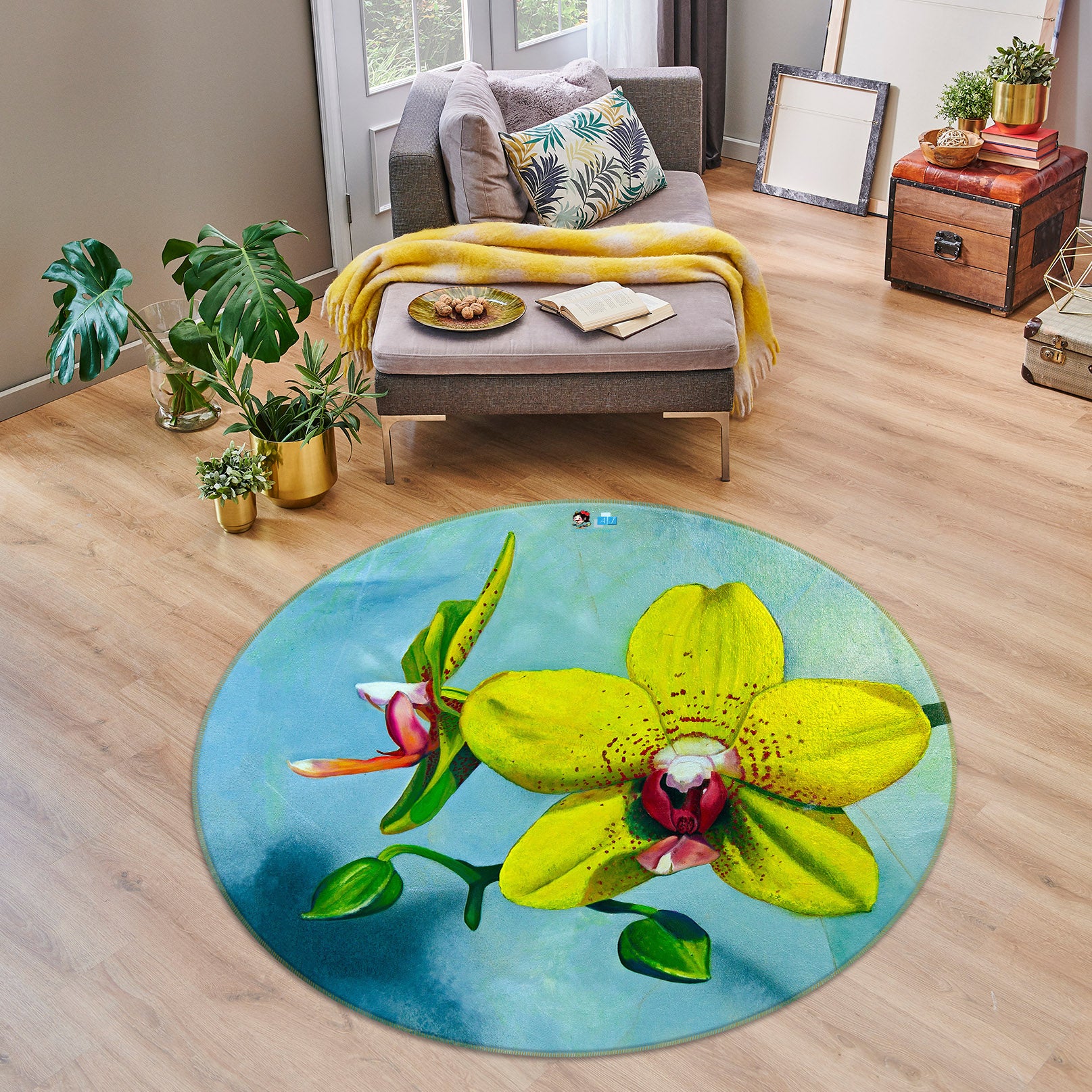 3D Yellow Flower 110106 Matthew Holden Bates Rug Round Non Slip Rug Mat