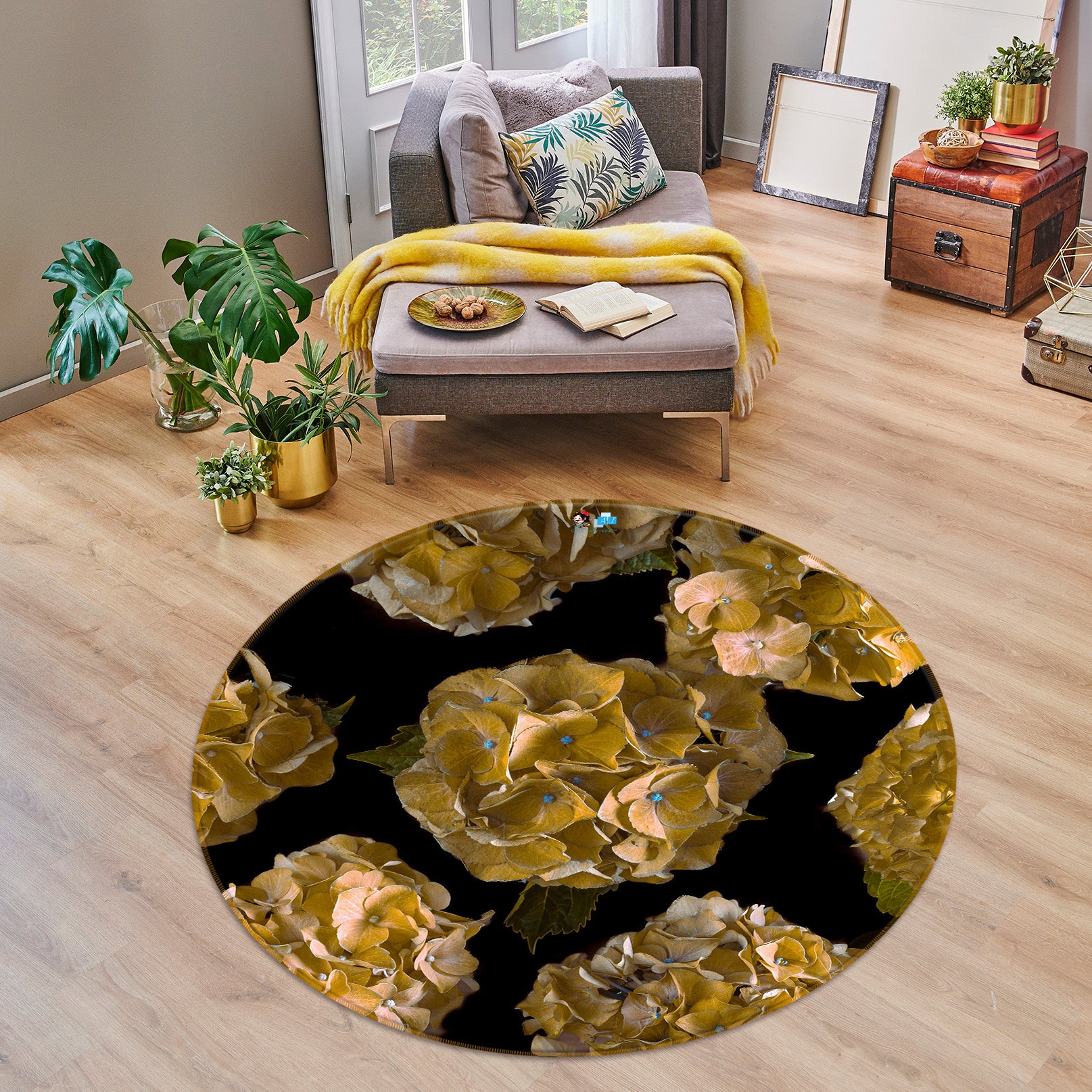 3D Yellow Flowers 7325 Assaf Frank Rug Round Non Slip Rug Mat