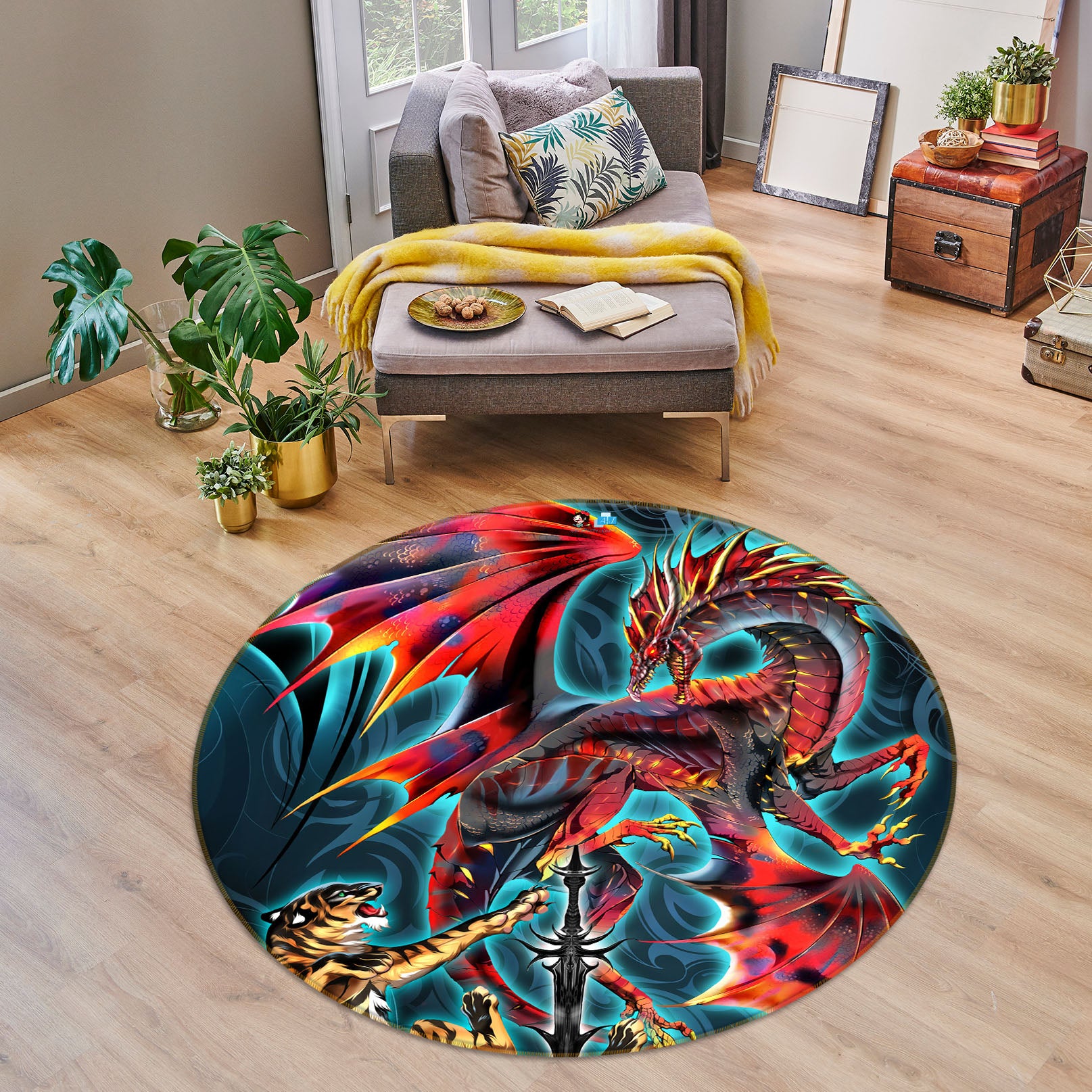 3D Dragon Tiger 8371 Ruth Thompson Rug Round Non Slip Rug Mat