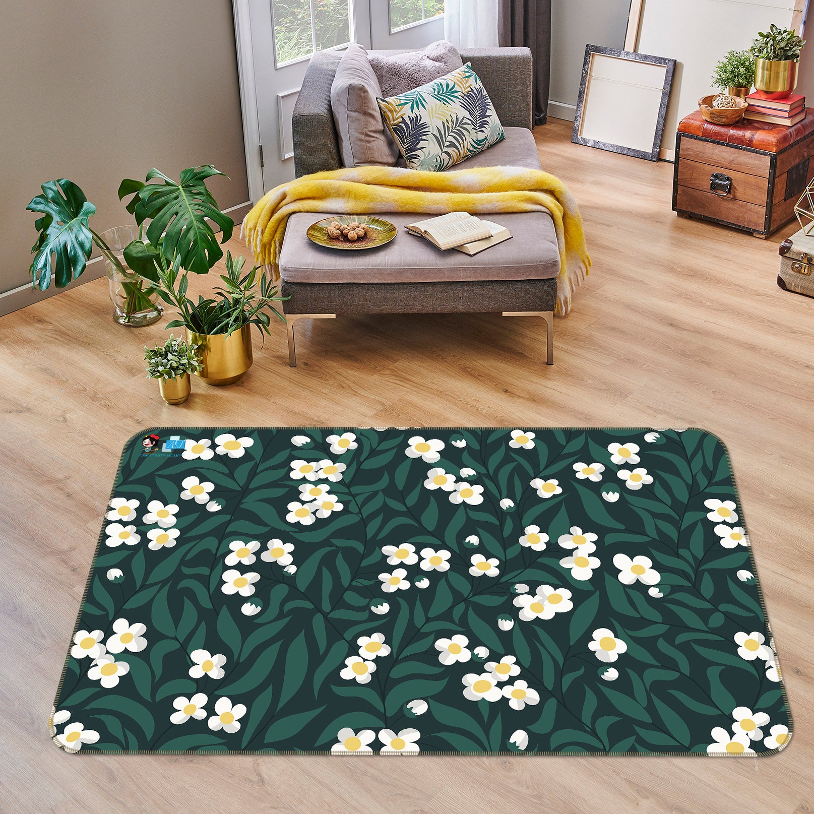 3D White Little Flower Leaves 107105 Kashmira Jayaprakash Rug Non Slip Rug Mat