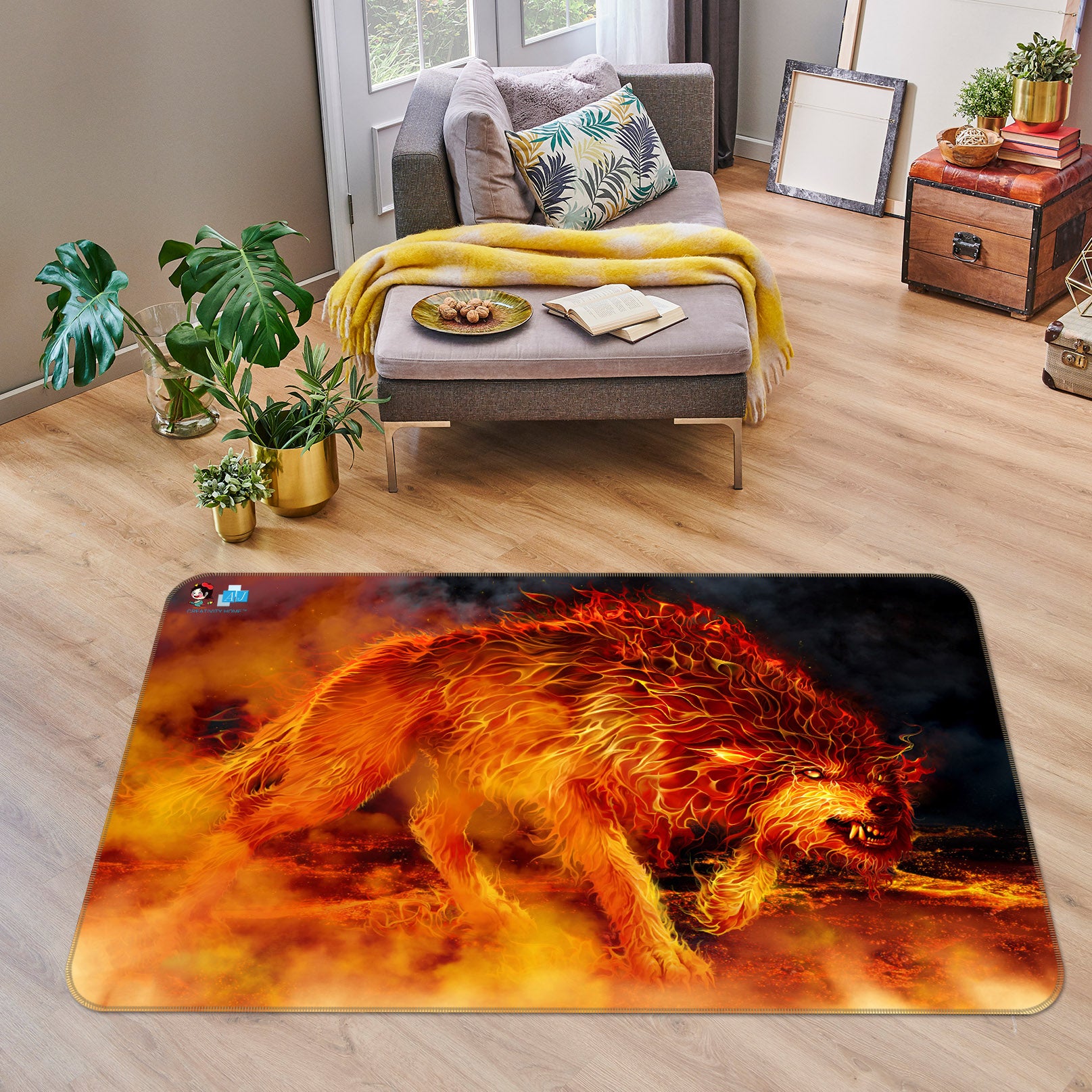 3D Flaming Wolf 4112 Tom Wood Rug Non Slip Rug Mat