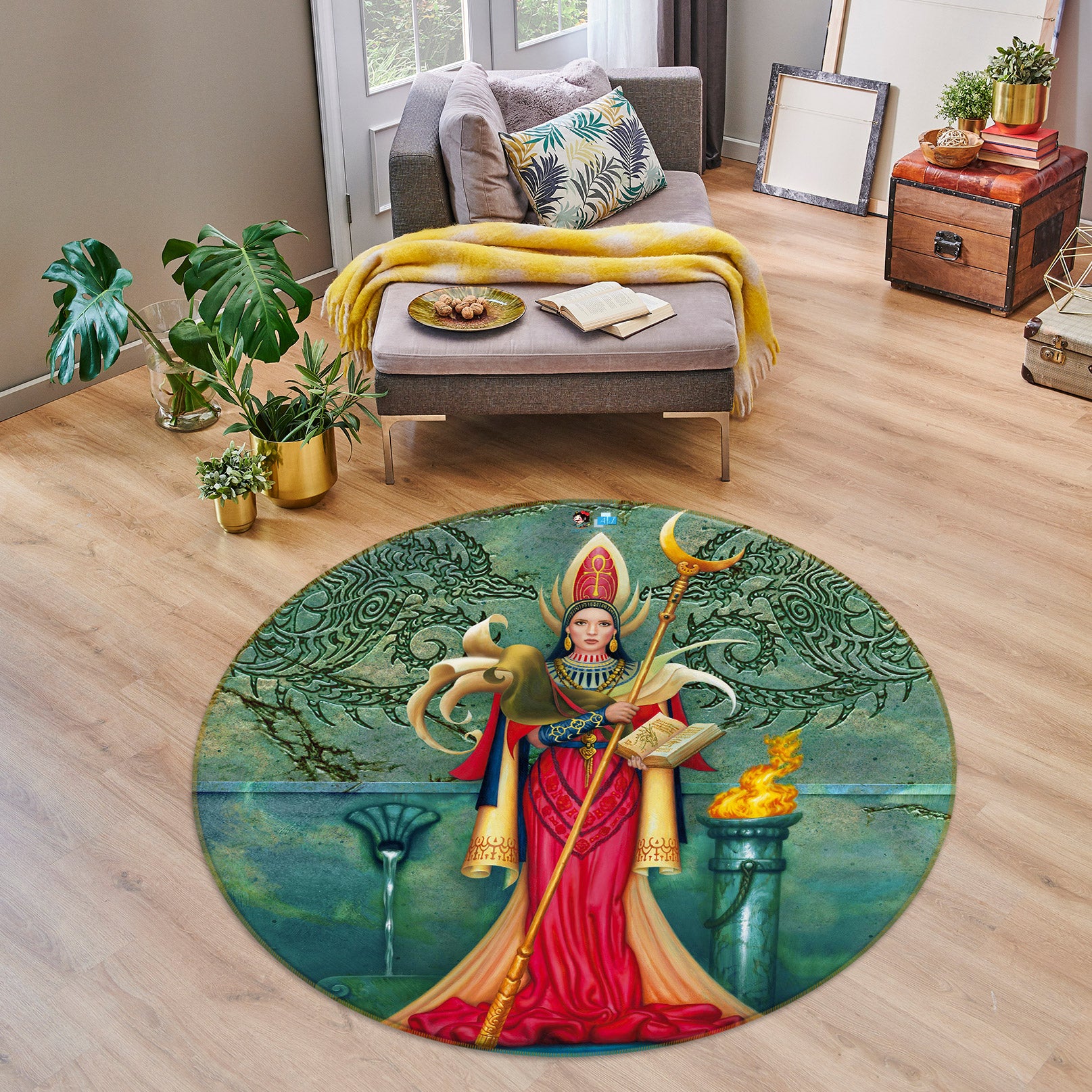 3D Queen Scepter 6092 Ciruelo Rug Round Non Slip Rug Mat