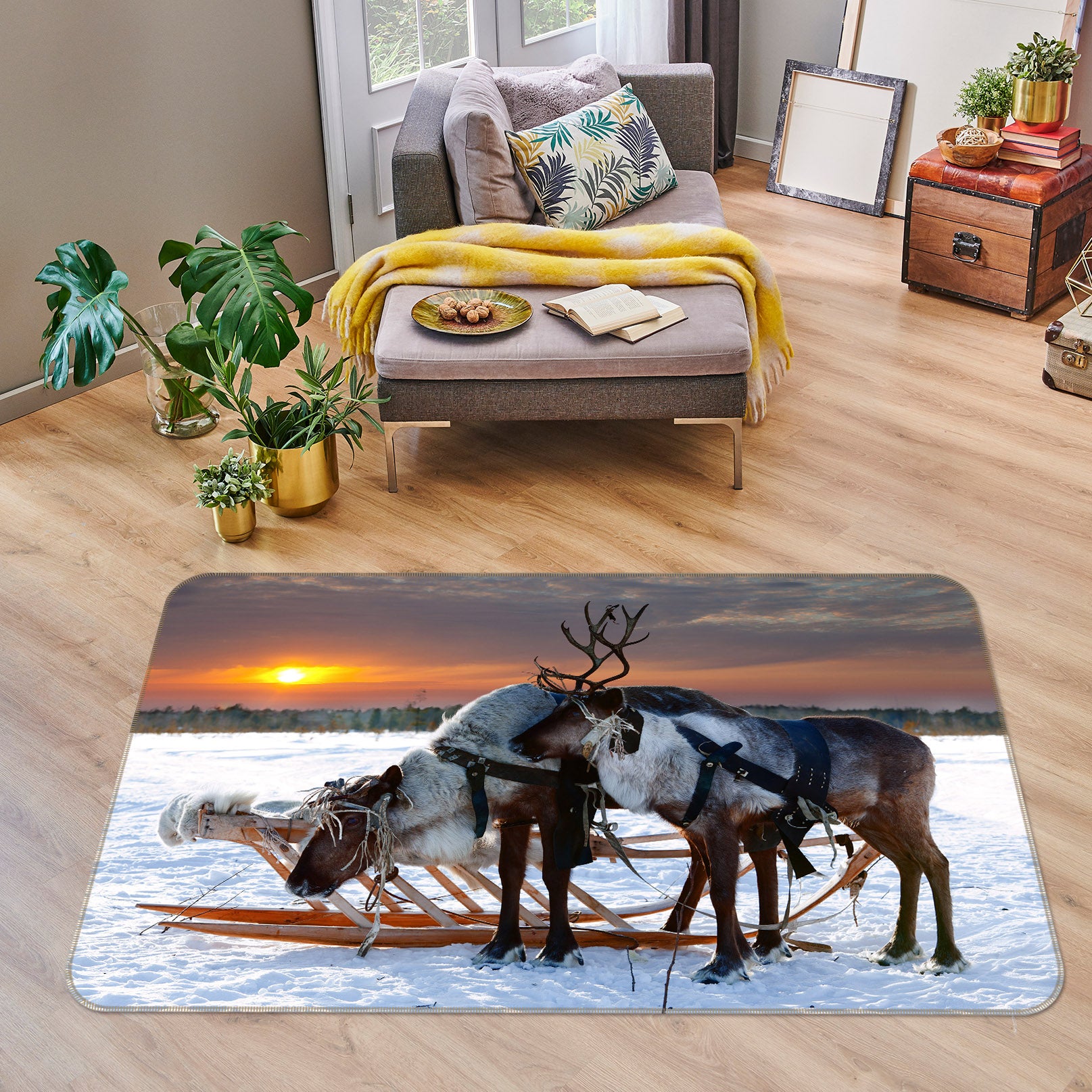 3D Snow Deer Sleigh 38136 Animal Non Slip Rug Mat