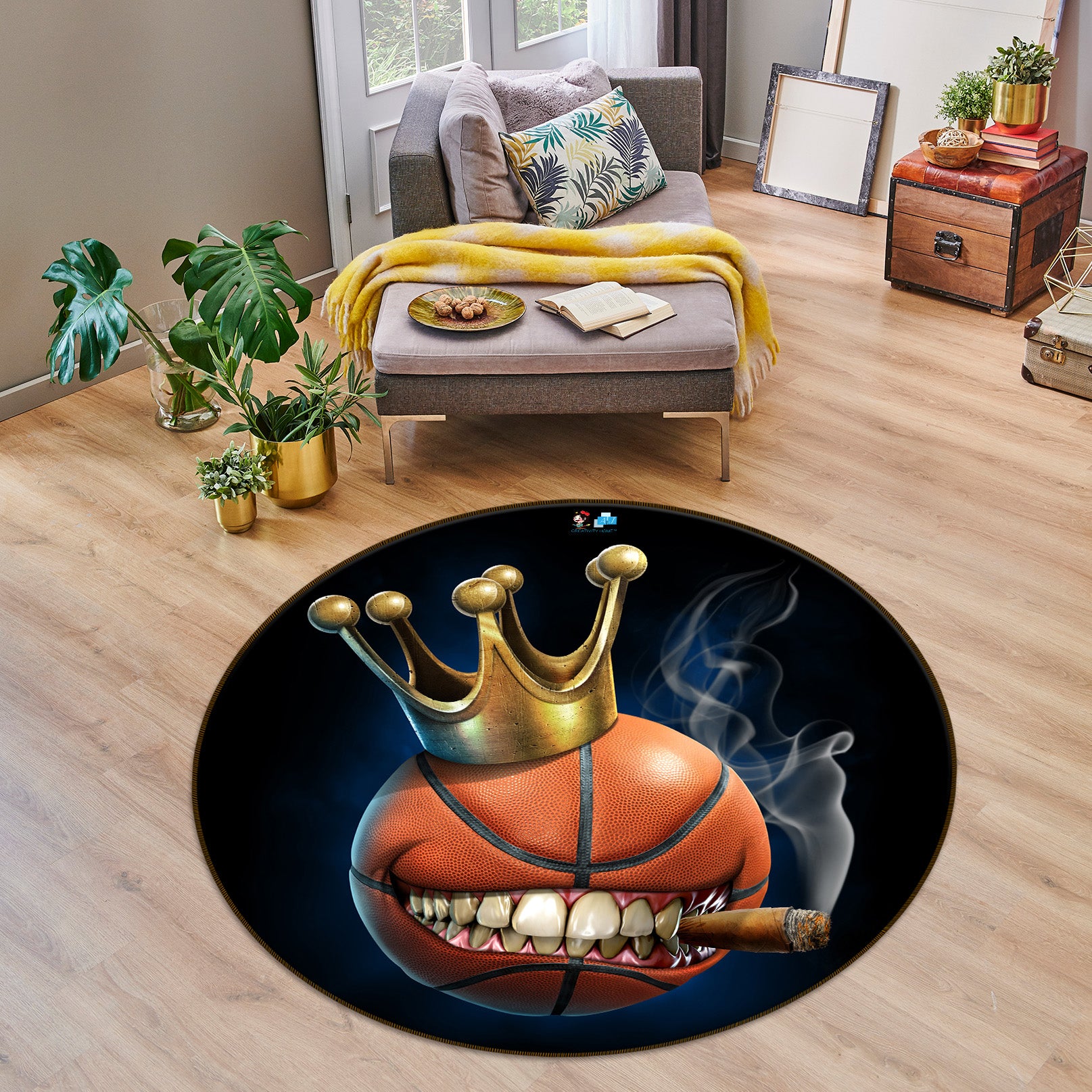 3D Crown Teeth Basketball 4150 Tom Wood Rug Round Non Slip Rug Mat