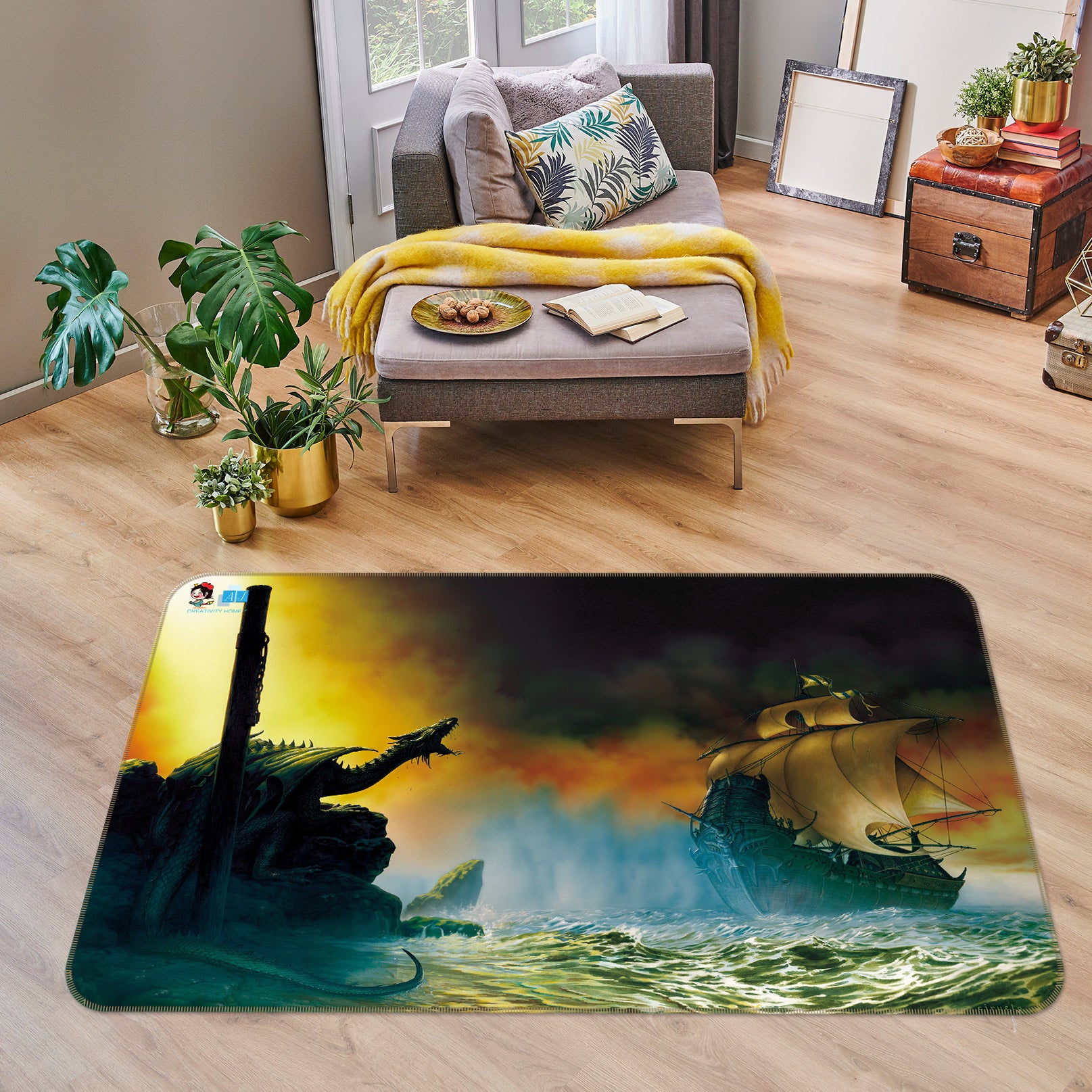 3D Dragon Sea Ship 5144 Ciruelo Rug Non Slip Rug Mat