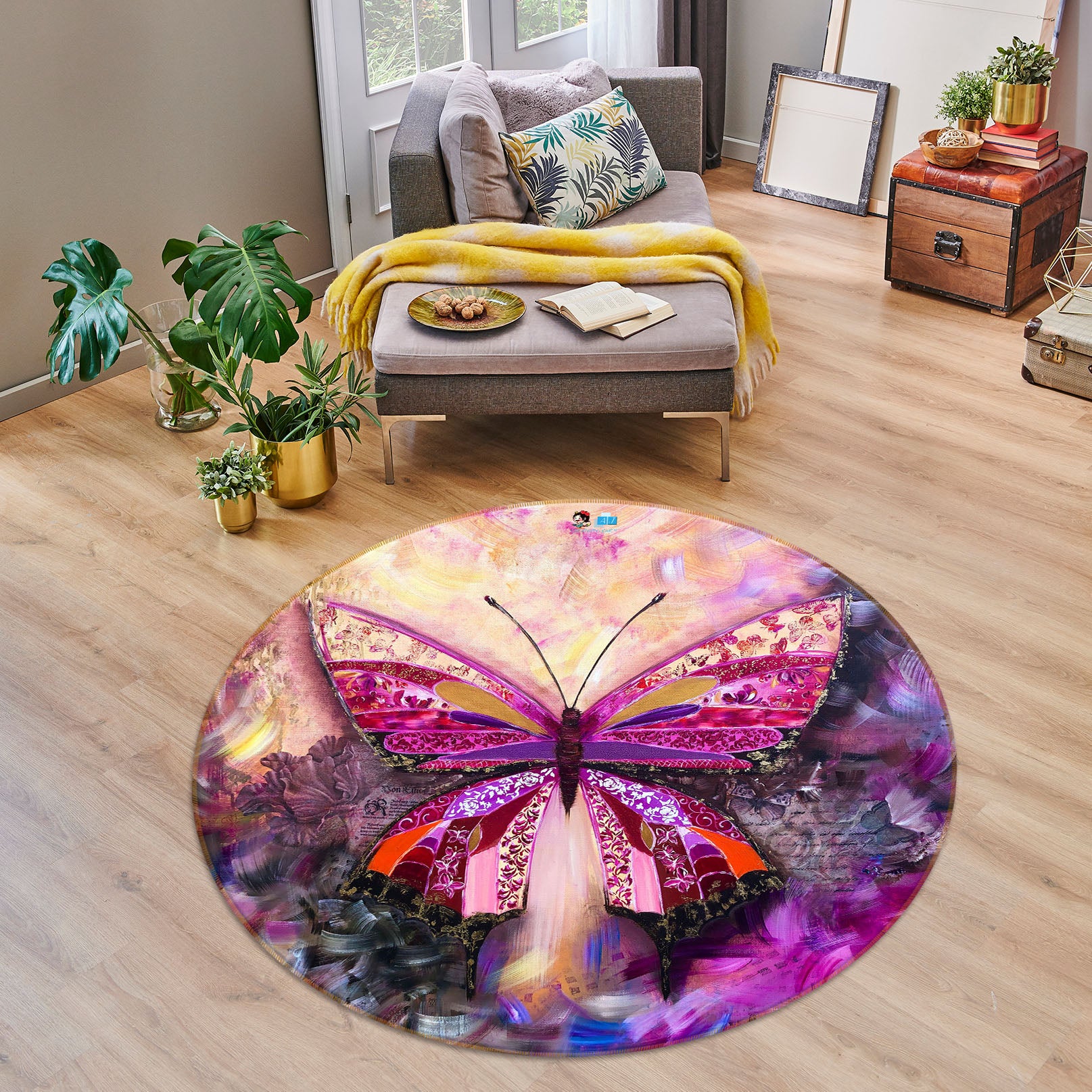 3D Purple Butterfly 858 Skromova Marina Rug Round Non Slip Rug Mat