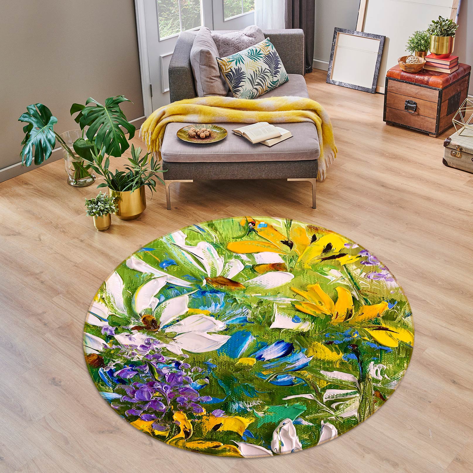 3D Yellow Flower 746 Skromova Marina Rug Round Non Slip Rug Mat