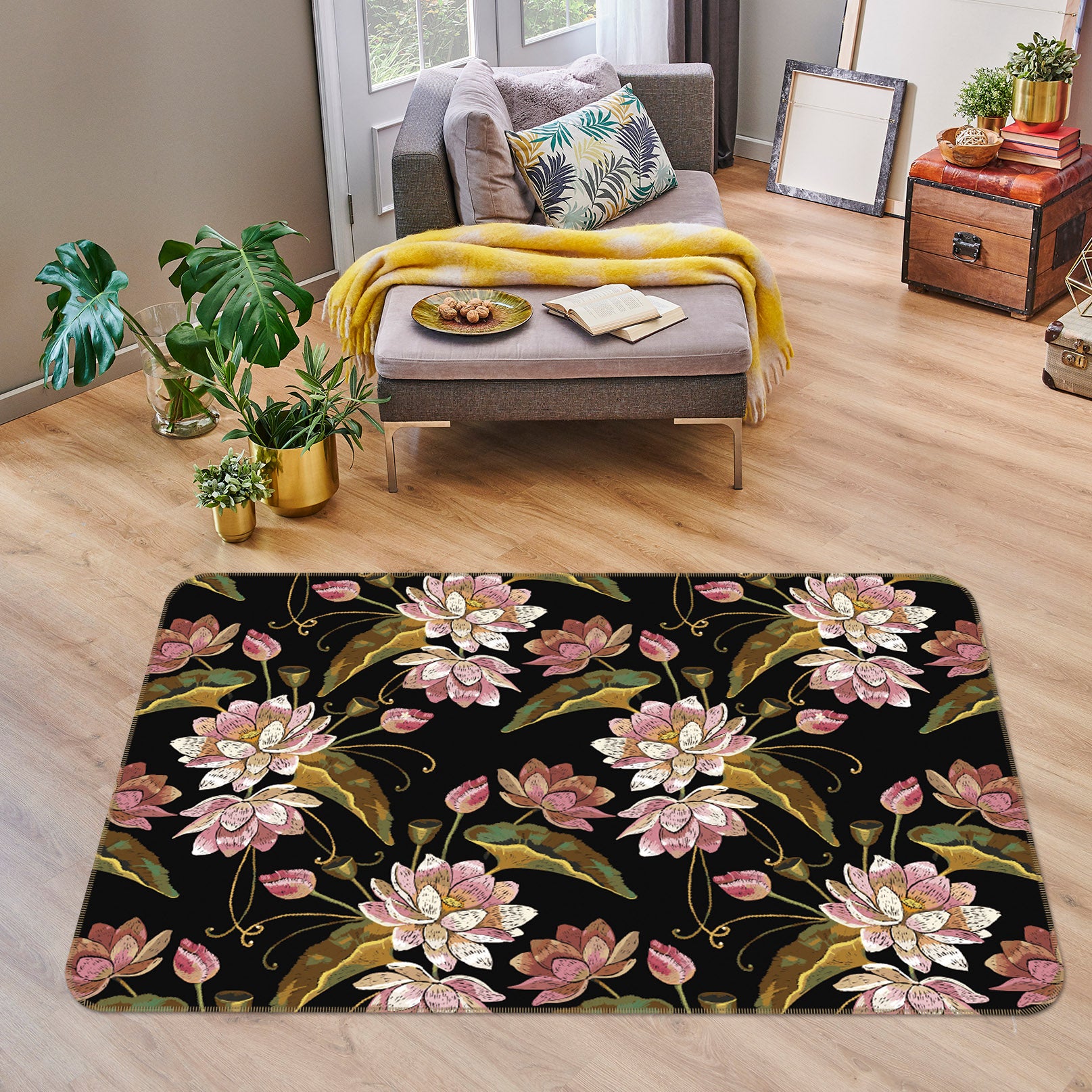 3D Lotus On Black 25224 Non Slip Rug Mat