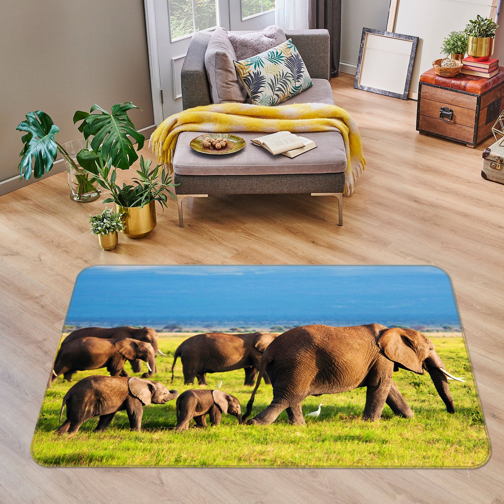 3D Grass Elephant Herd 68191 Animal Non Slip Rug Mat