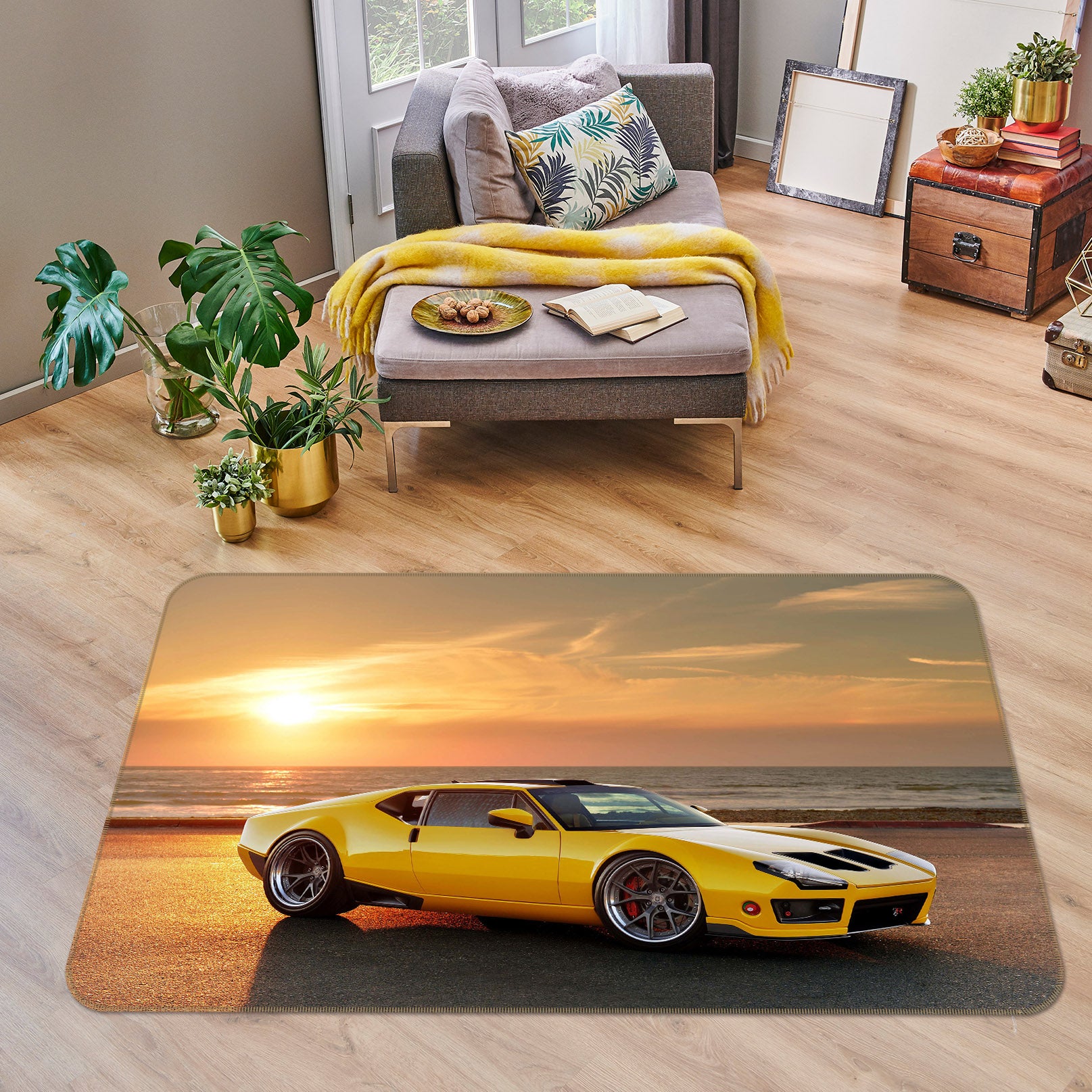 3D Seaside Yellow Car 42069 Vehicle Non Slip Rug Mat