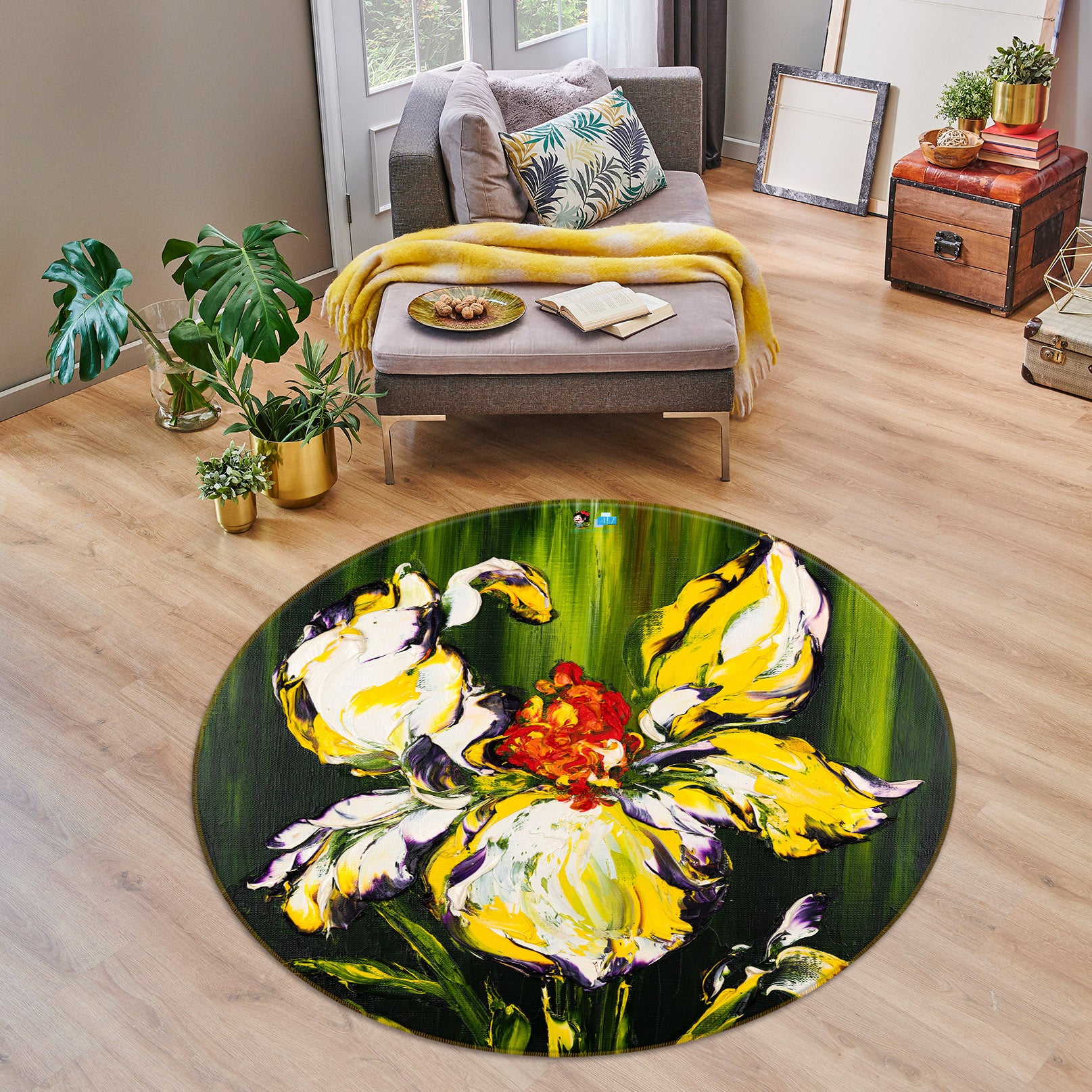 3D Yellow Flower 907 Skromova Marina Rug Round Non Slip Rug Mat