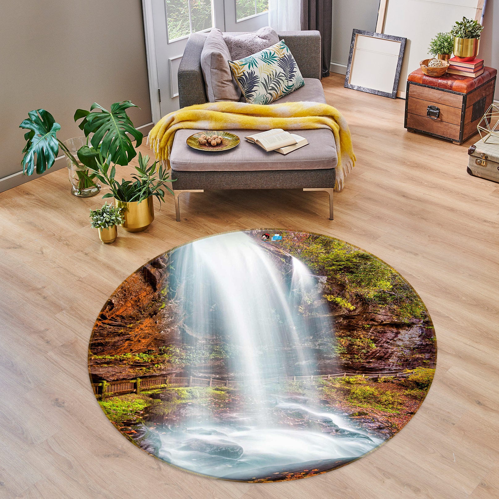 3D Waterfall Rock 5056 Beth Sheridan Rug Round Non Slip Rug Mat