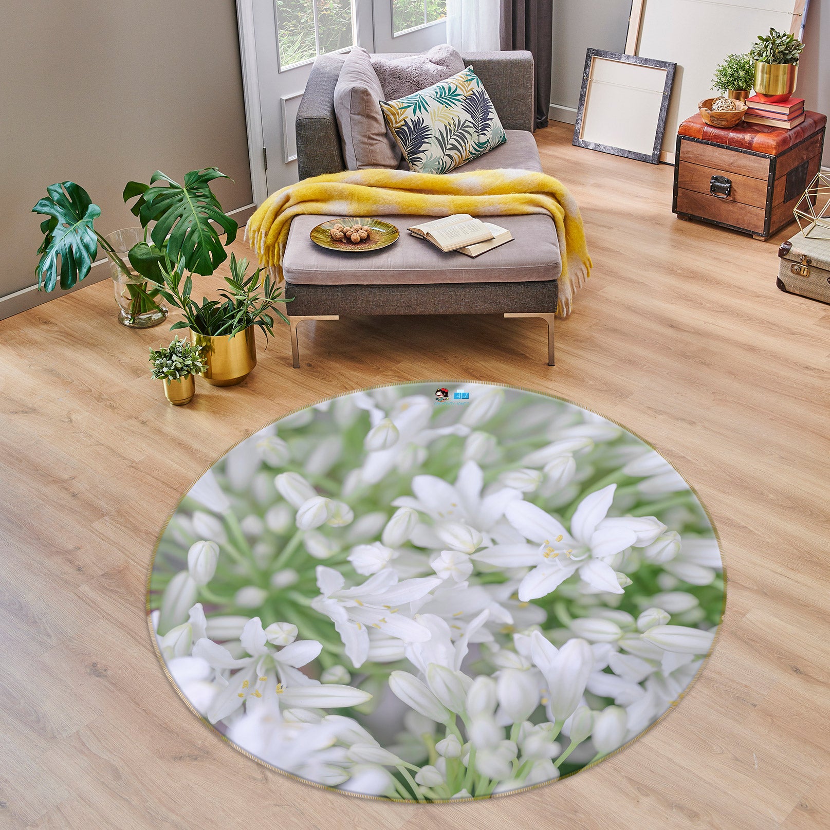 3D White Flower 7568 Assaf Frank Rug Round Non Slip Rug Mat