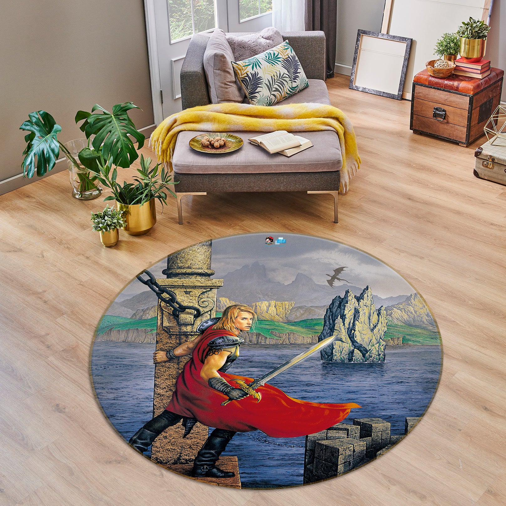 3D Female Soldier Sword 6074 Ciruelo Rug Round Non Slip Rug Mat