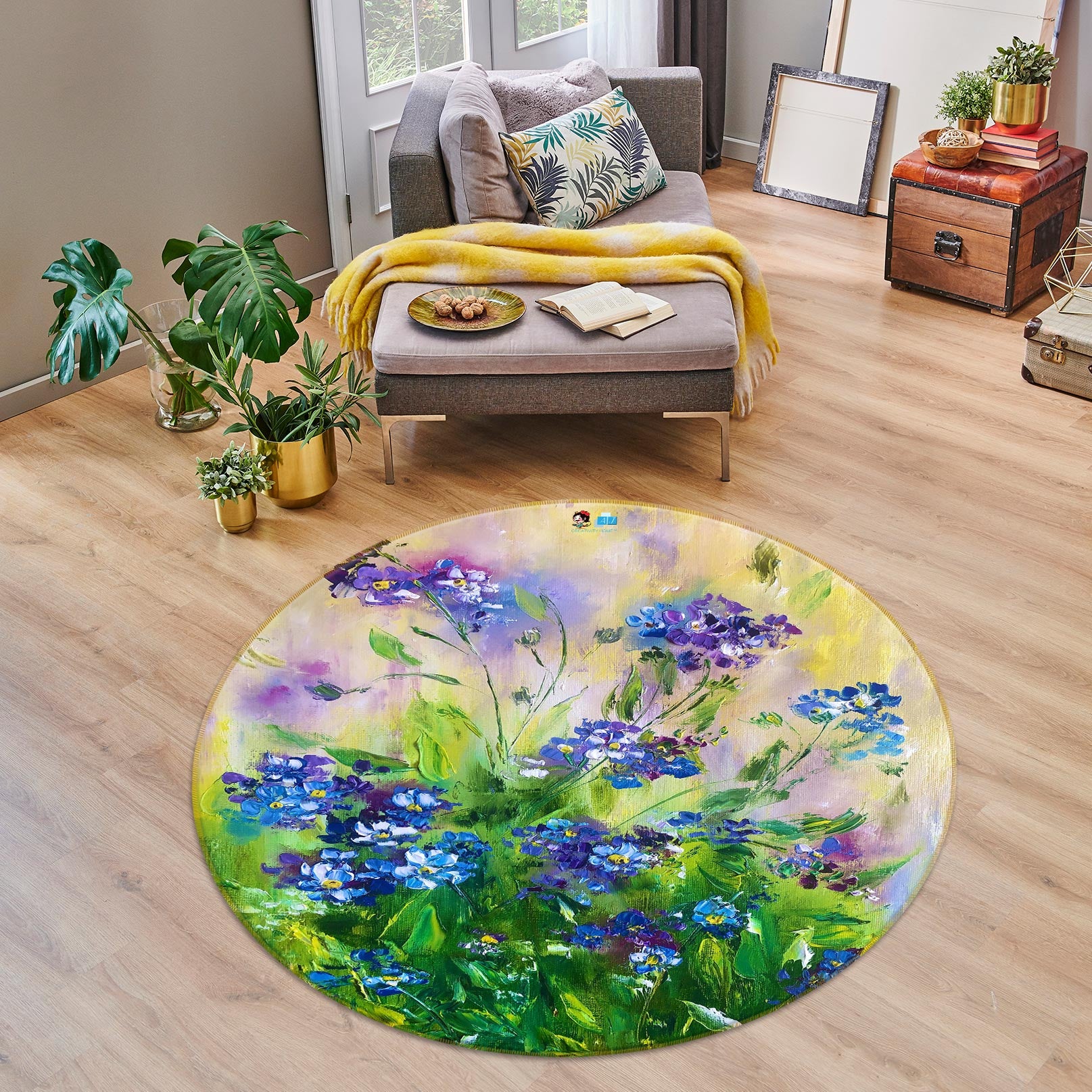 3D Blue Wildflowers 765 Skromova Marina Rug Round Non Slip Rug Mat