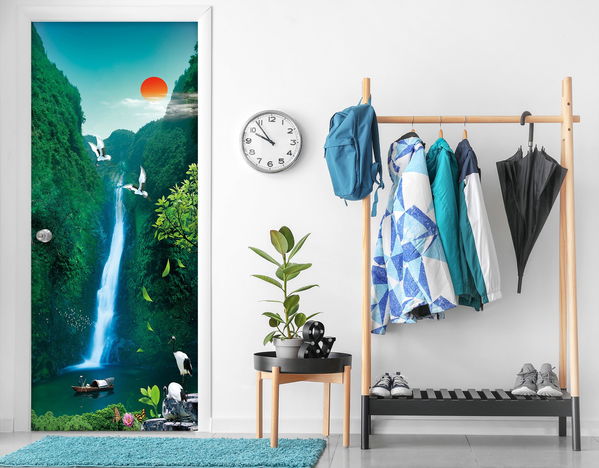 3D Green Mountain Waterfall 23039 Door Mural