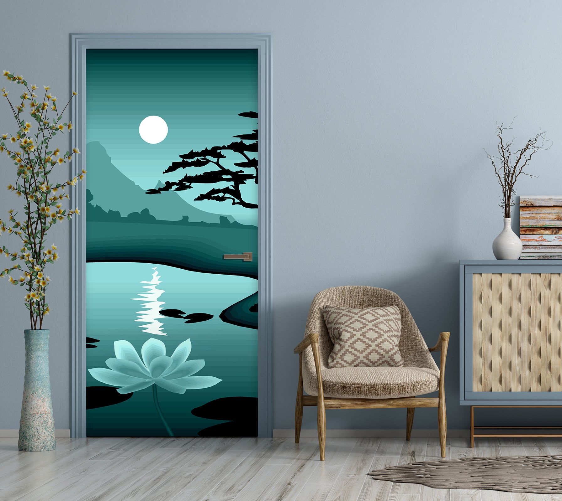 3D Moon Lotus River 235 Door Mural