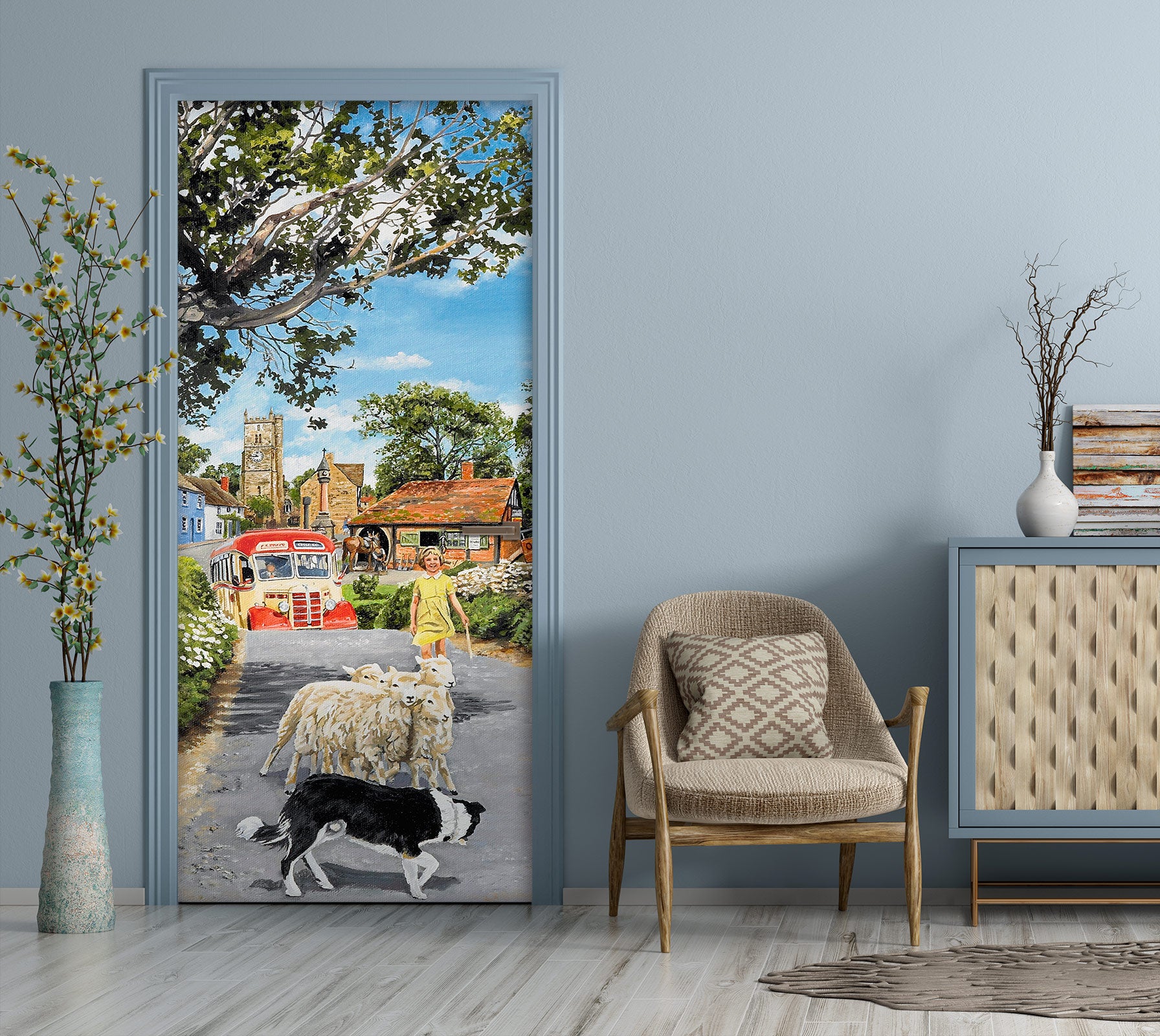 3D Country Road Sheep Dog 103118 Trevor Mitchell Door Mural