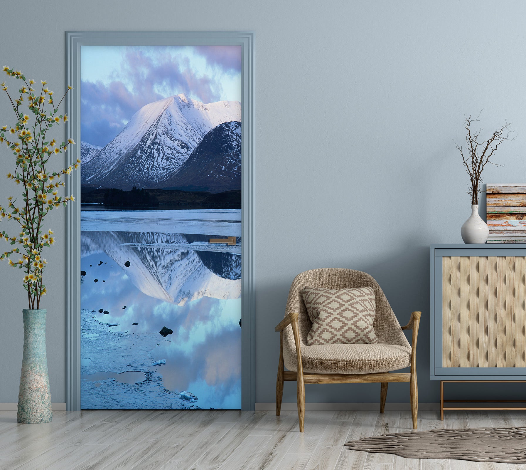 3D Snow Mountain River 049 Door Mural