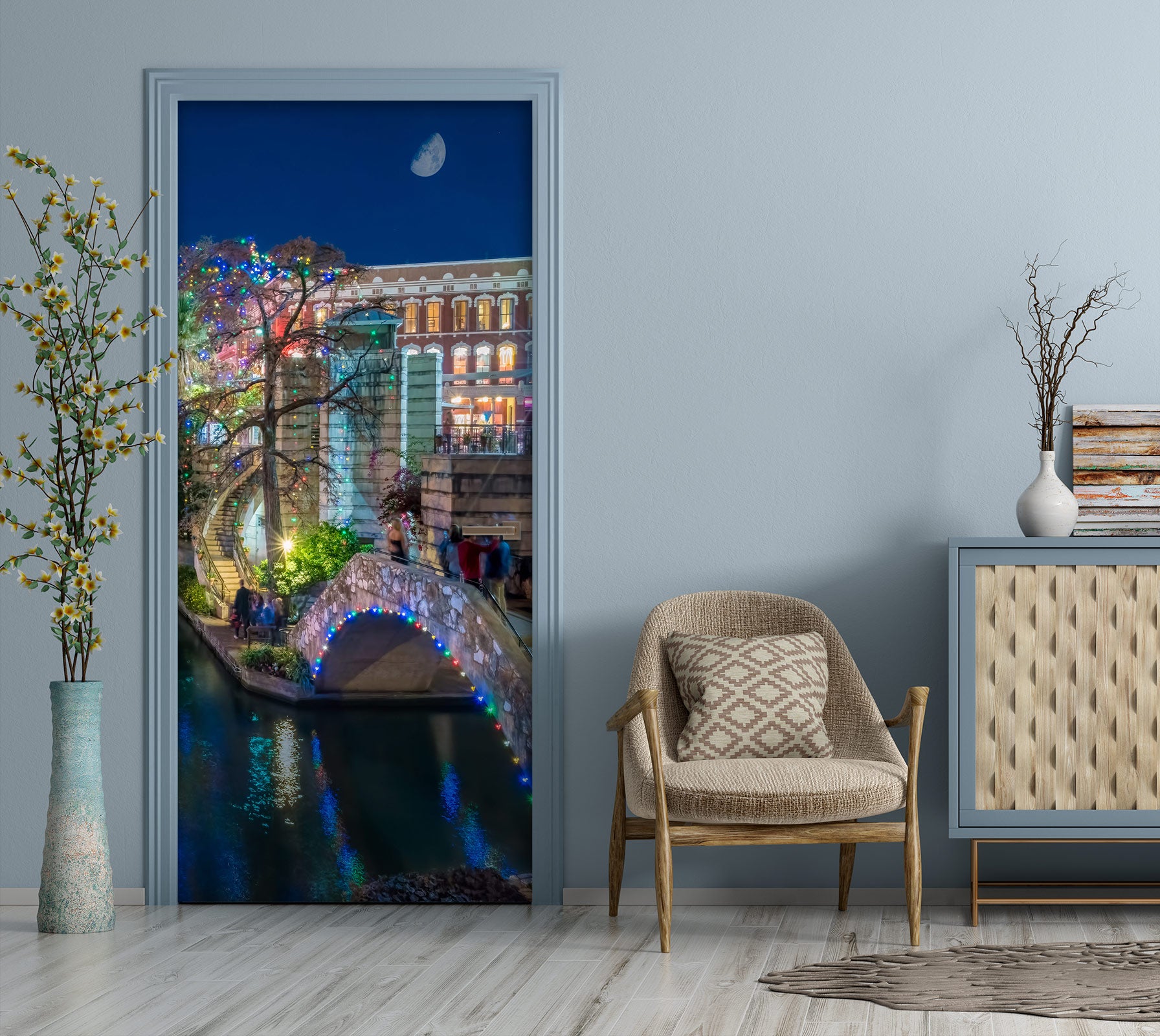 3D Night View River Bridge 10819 Beth Sheridan Door Mural