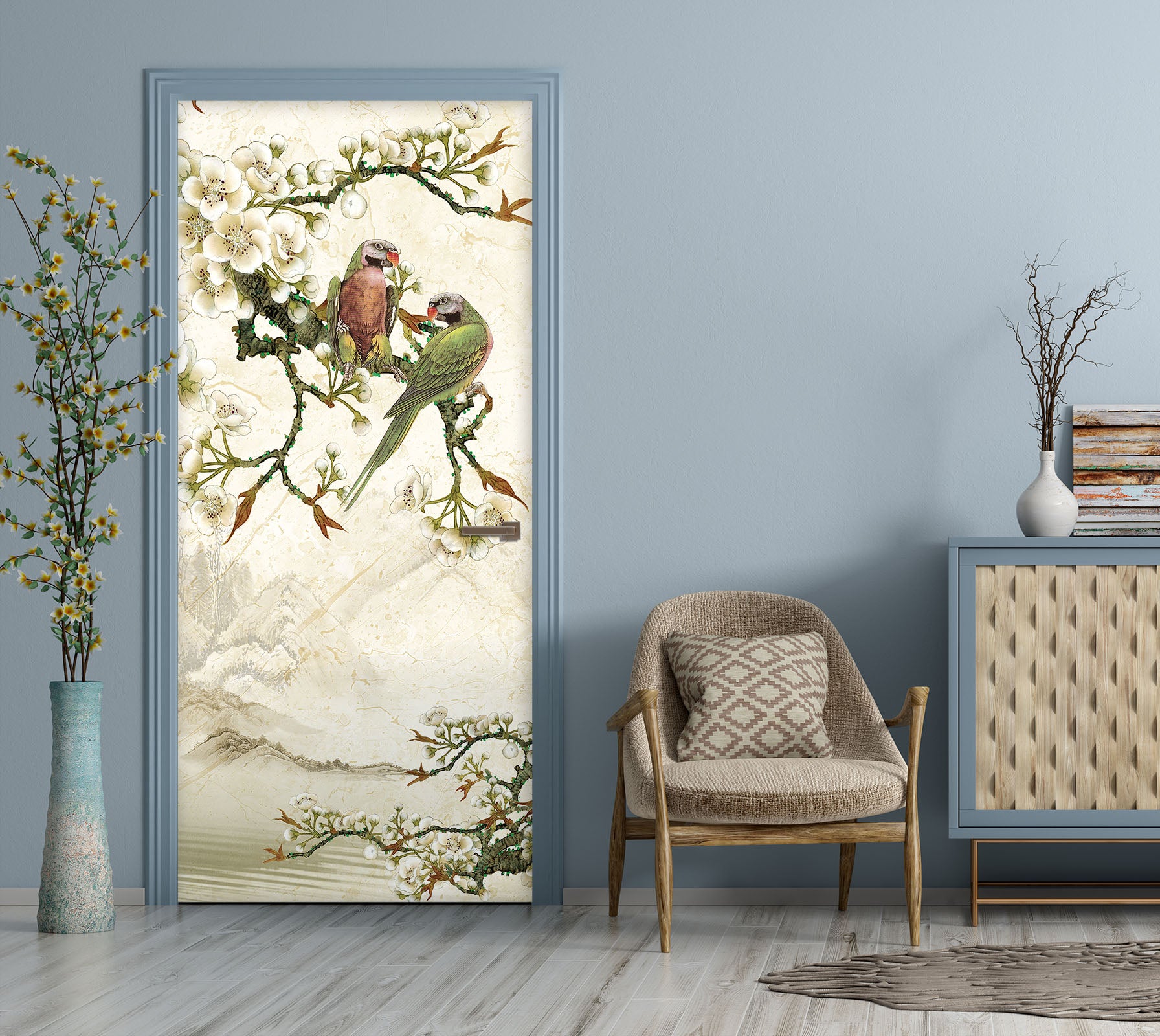 3D Flower Branch Bird 21190 Door Mural