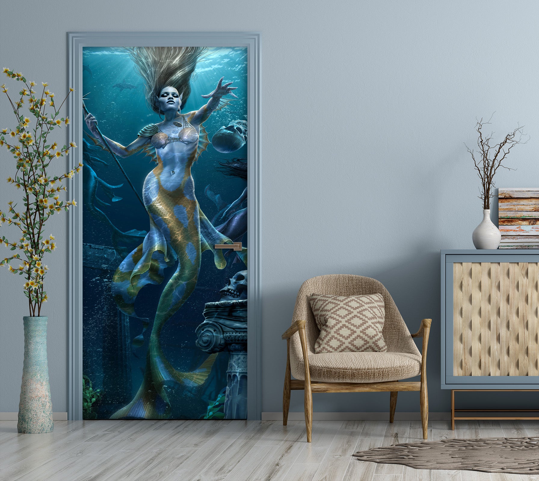 3D Sea Mermaid Skull 642 Tom Wood Door Mural