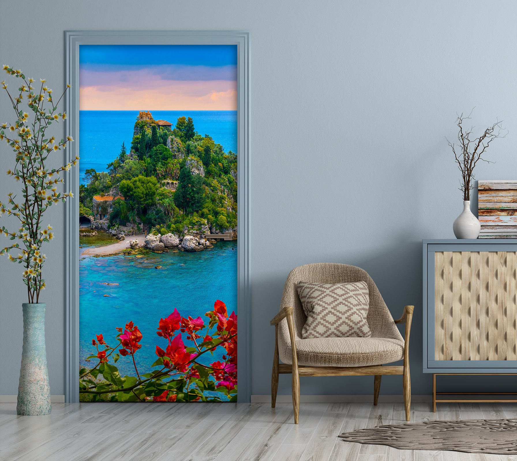 3D Island Red Flowers 12297 Marco Carmassi Door Mural