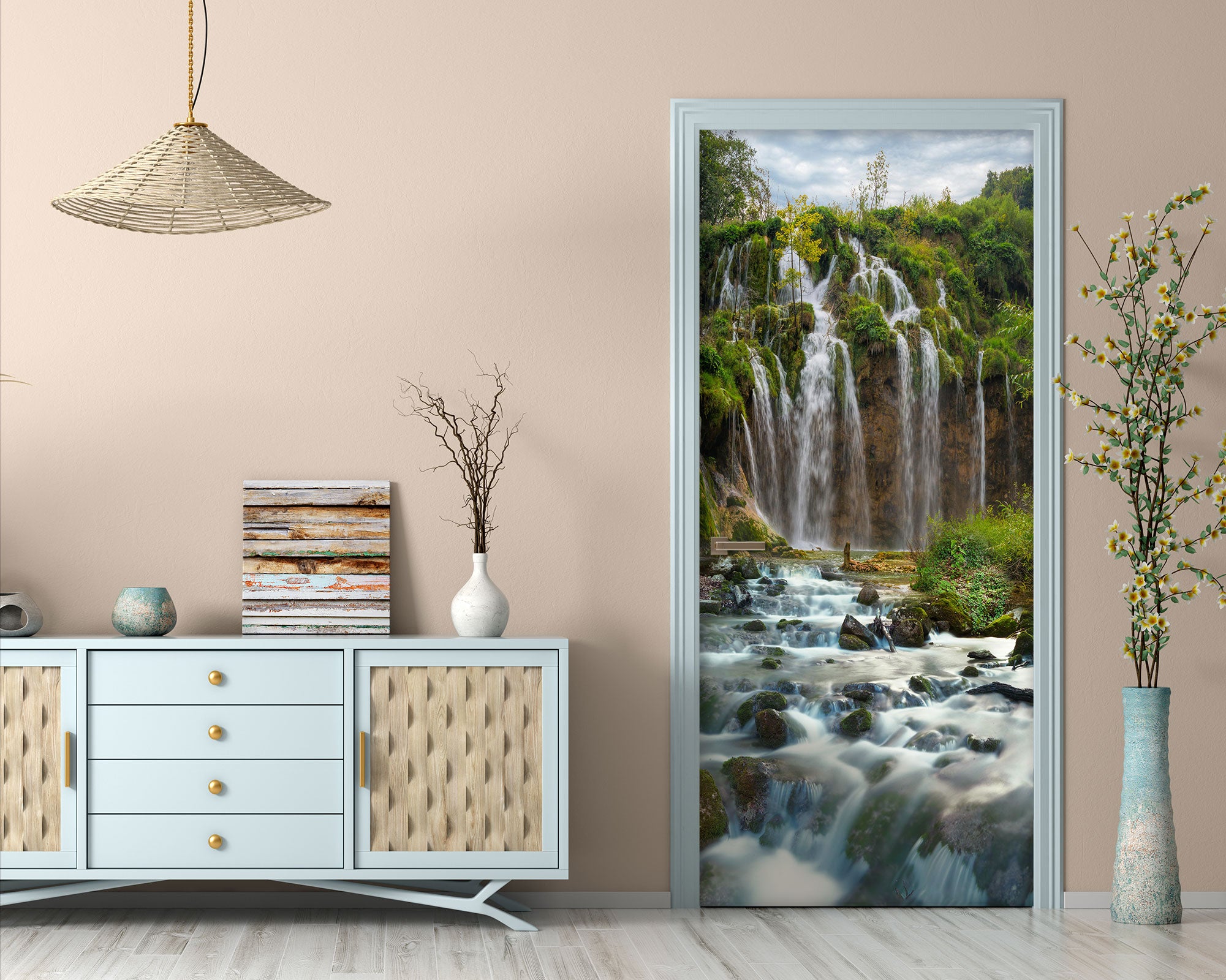 3D Mountain River Waterfall 013 Door Mural