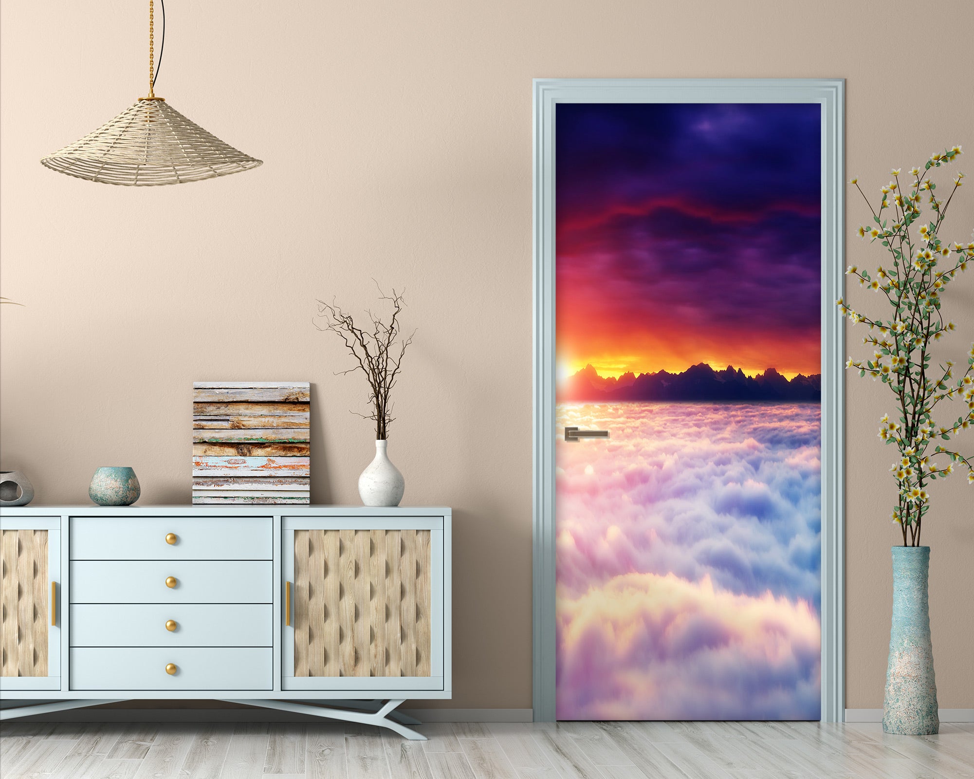 3D Sunset White Clouds 141 Door Mural