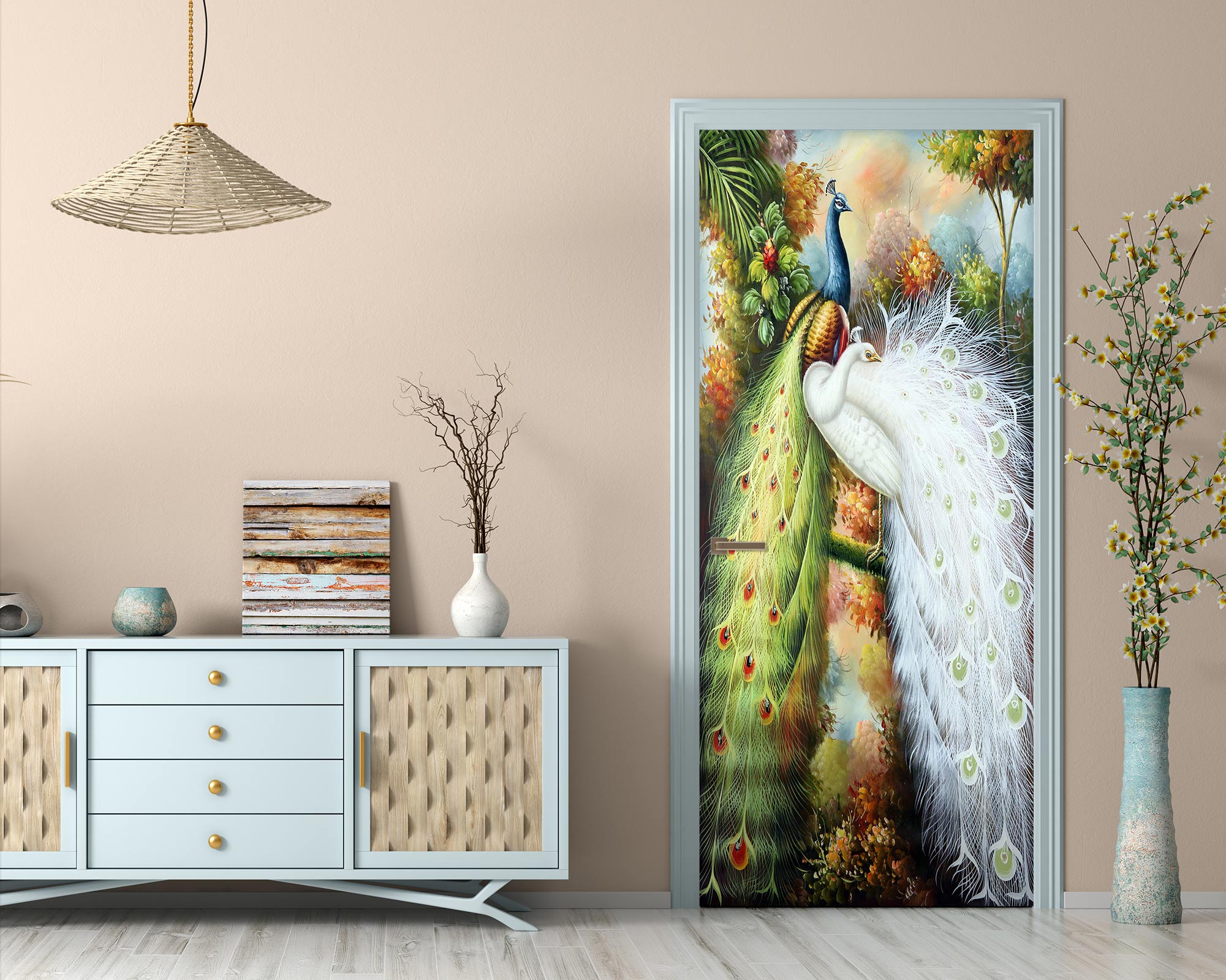 3D Green White Peacock 25002 Door Mural