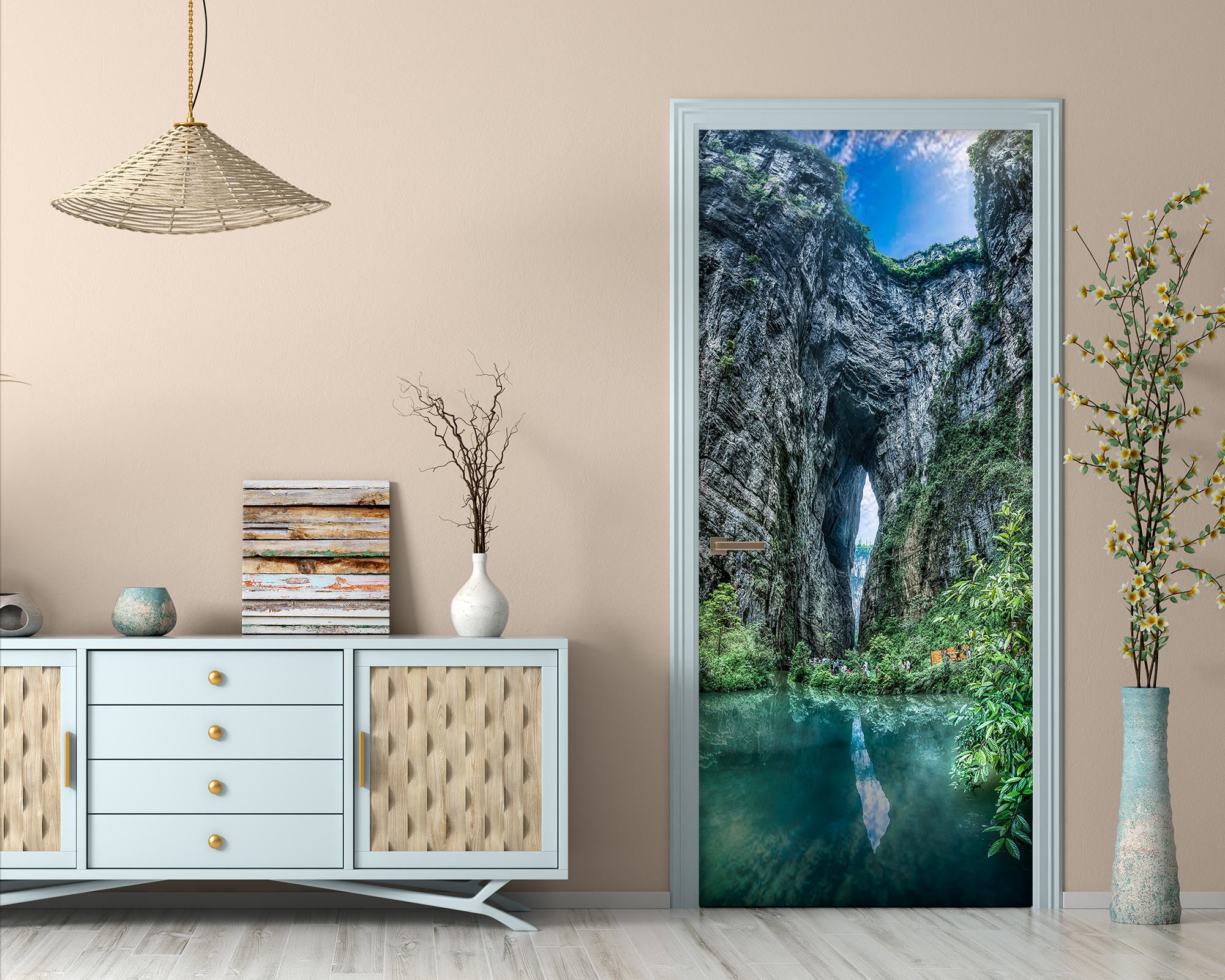 3D Stone Cave Lake 25007 Door Mural