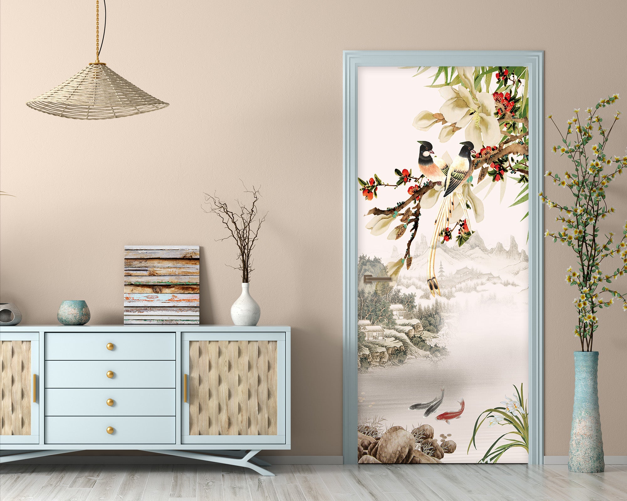 3D Flower Branch Bird 21191 Door Mural