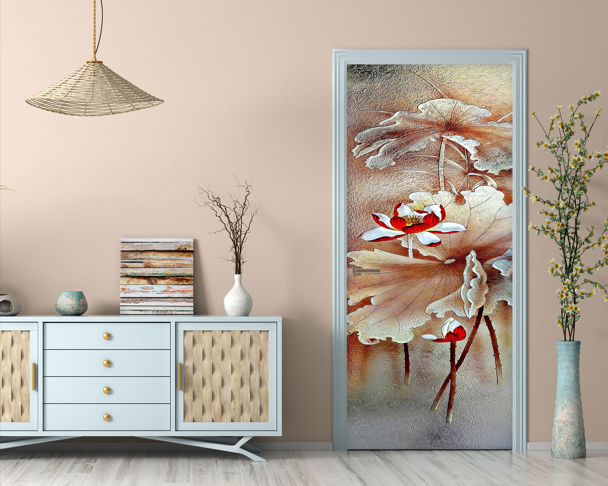 3D Red Lotus 045 Door Mural