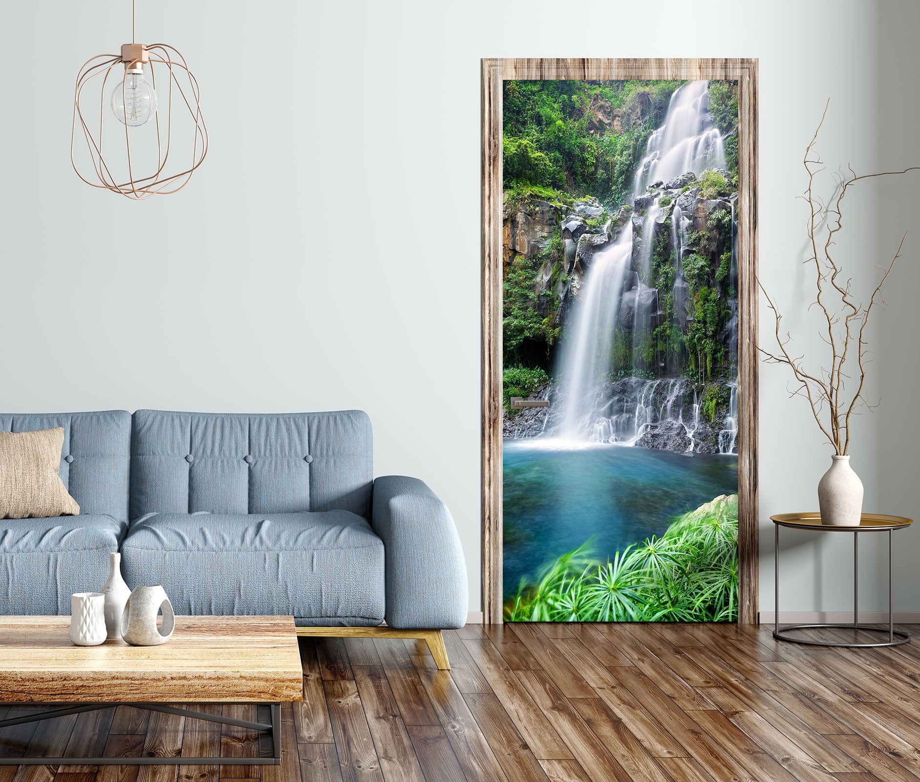 3D Green Cliff Waterfall 143 Door Mural