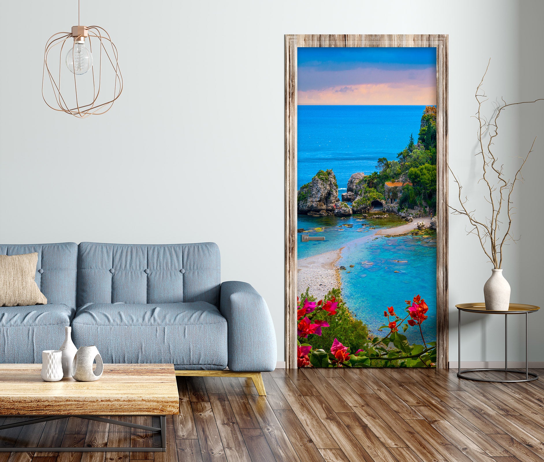 3D Ocean Red Flowers 12296 Marco Carmassi Door Mural