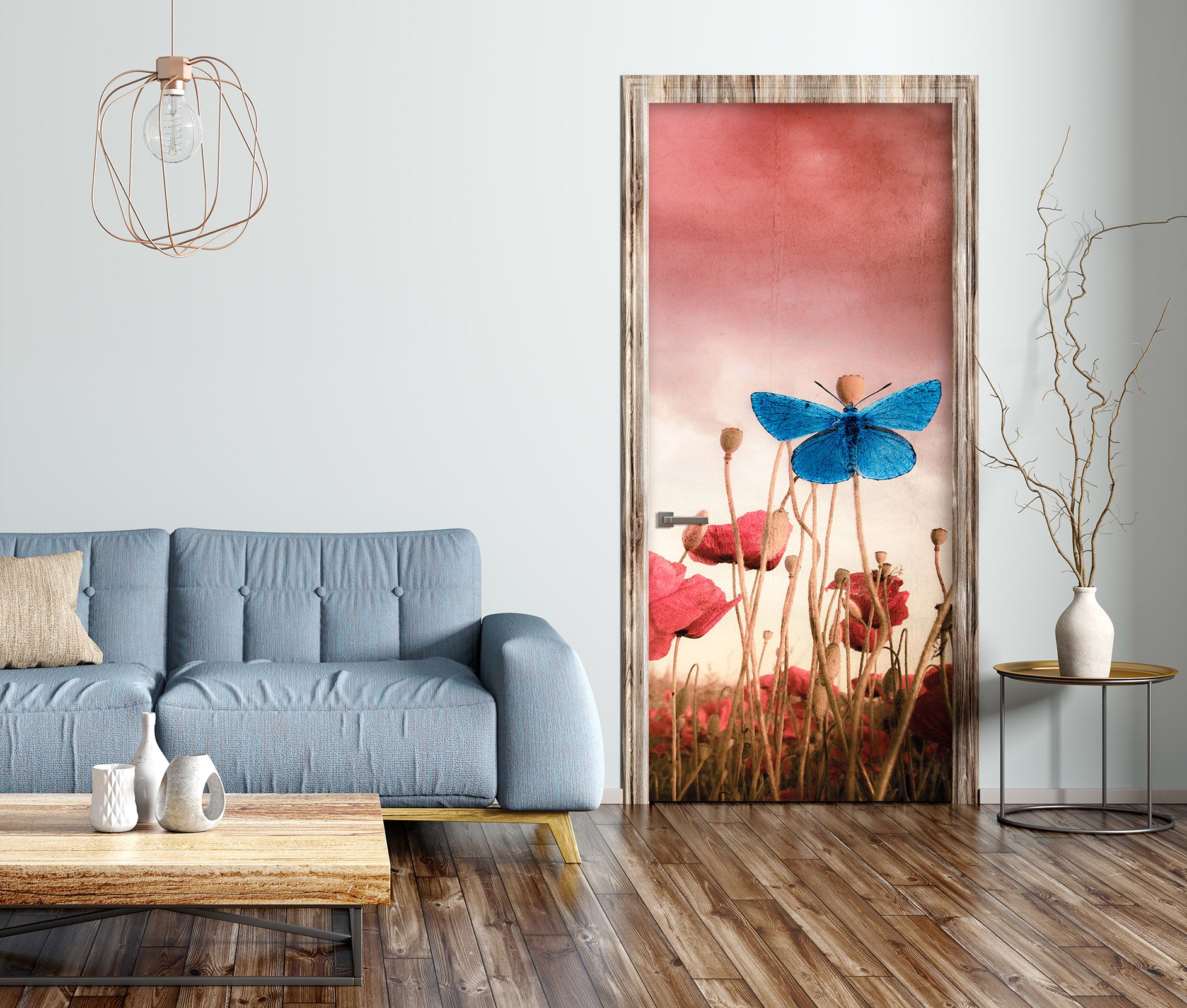 3D Blue Butterfly Red Flowers 12256 Marco Carmassi Door Mural