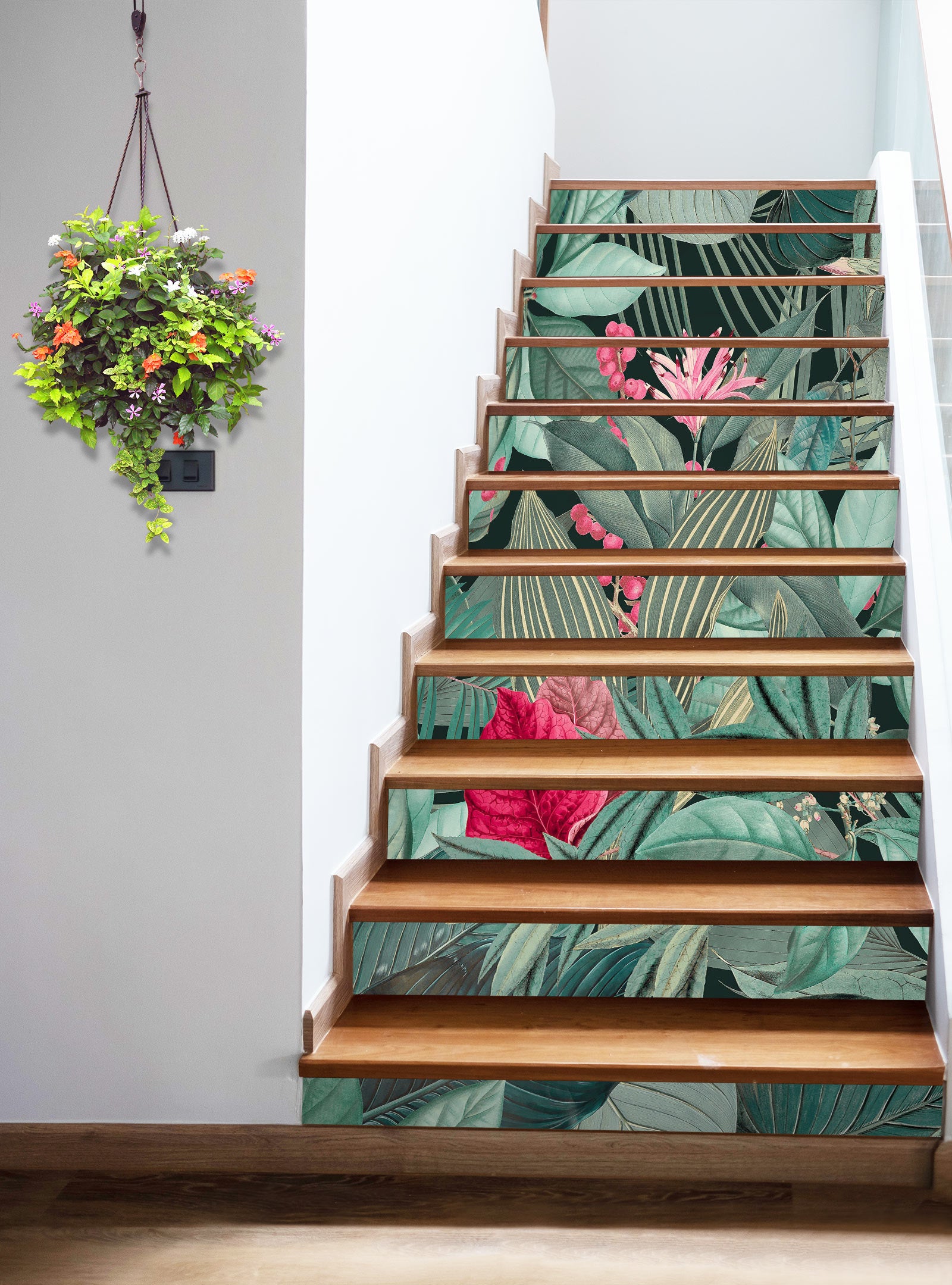 3D Green Pink Leaves 10449 Andrea Haase Stair Risers