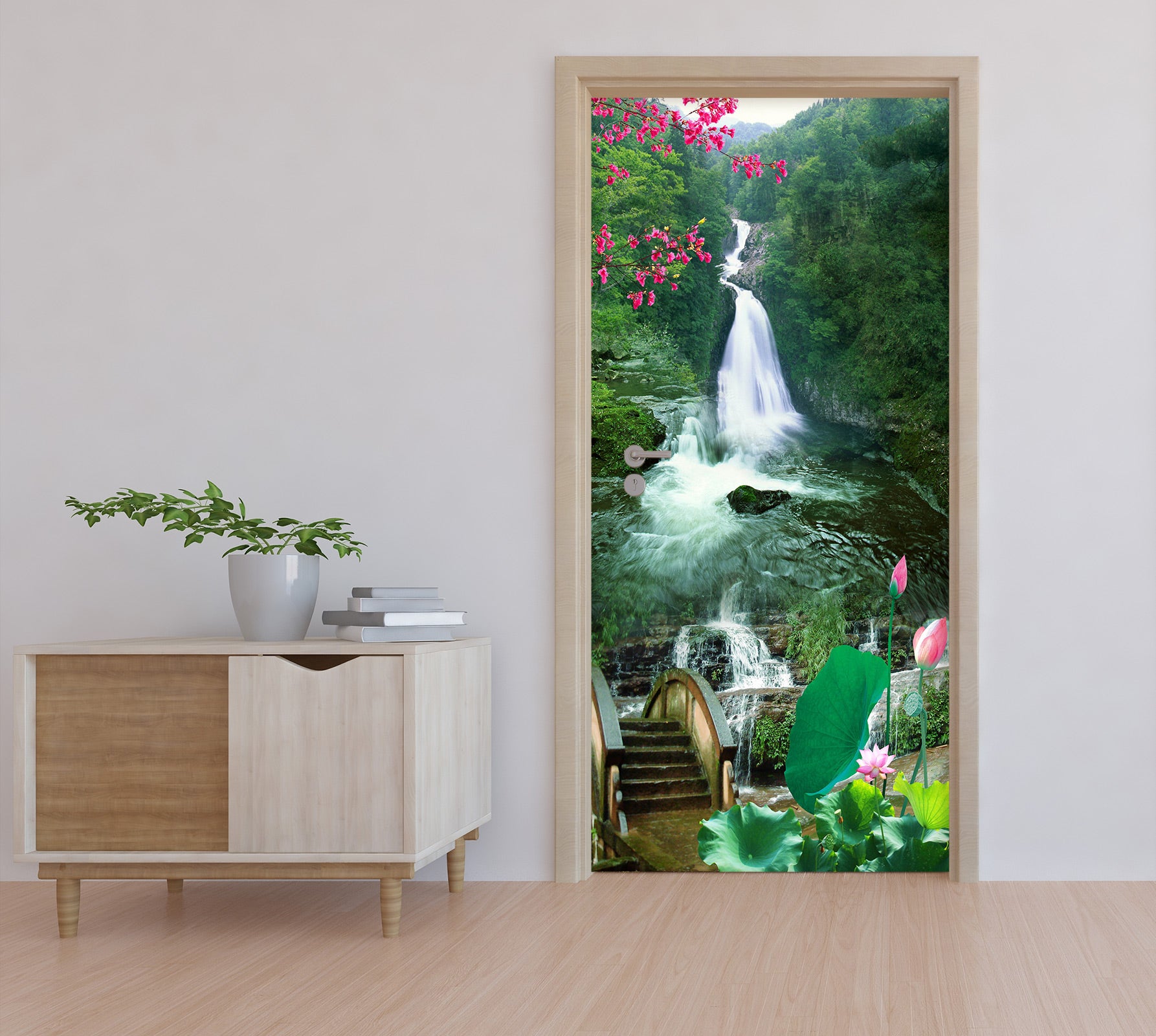 3D Waterfall Lotus 034 Door Mural