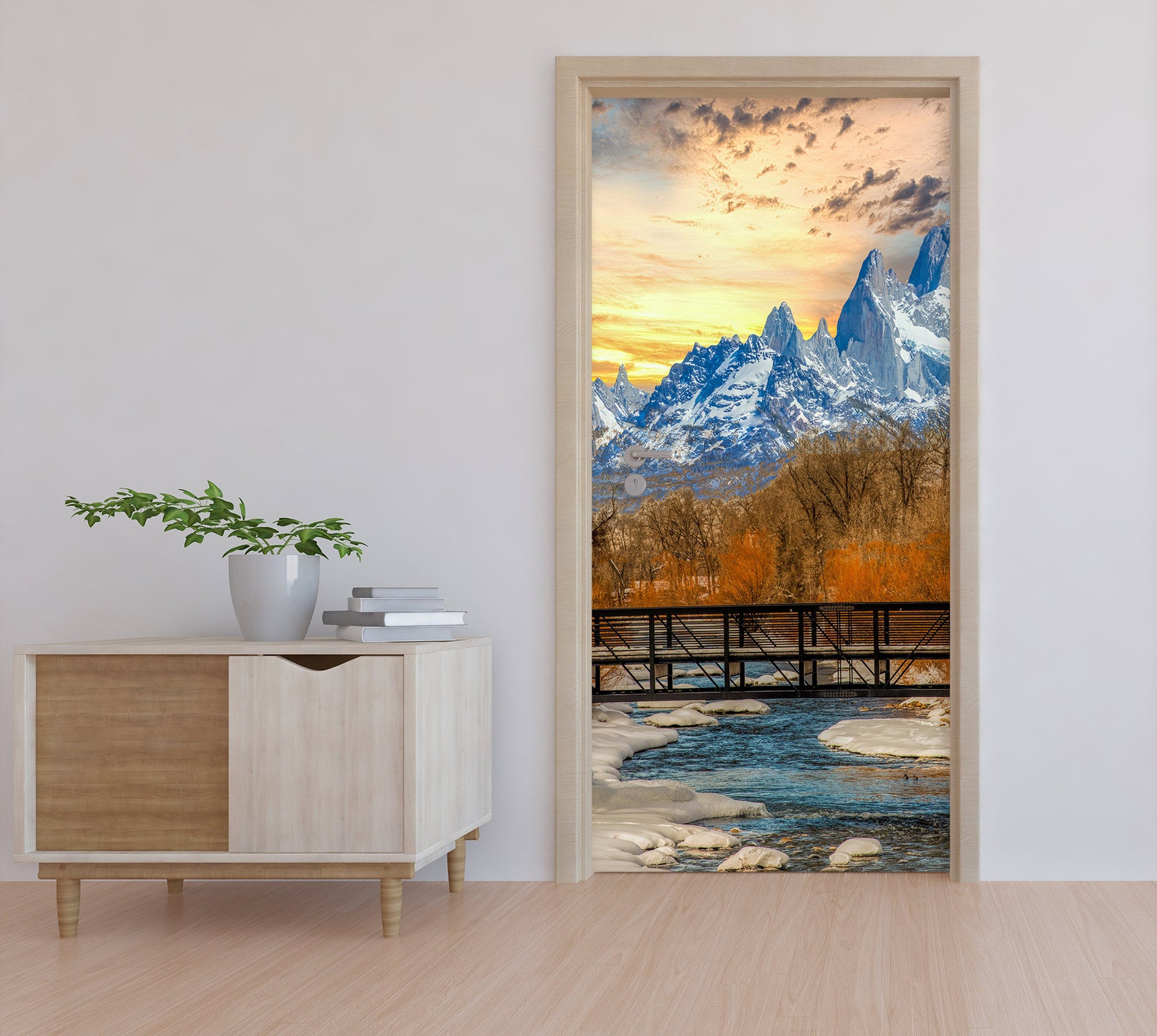 3D Snow Mountain Trees River 10858 Beth Sheridan Door Mural