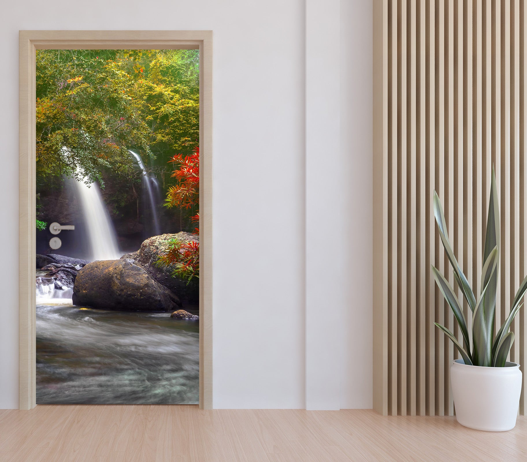 3D Stone Tree Waterfall 155 Door Mural