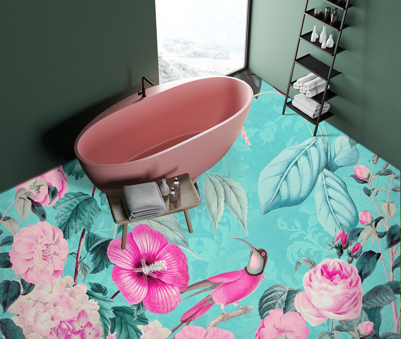 3D Pink Flower Bird Blue 104153 Andrea Haase Floor Mural