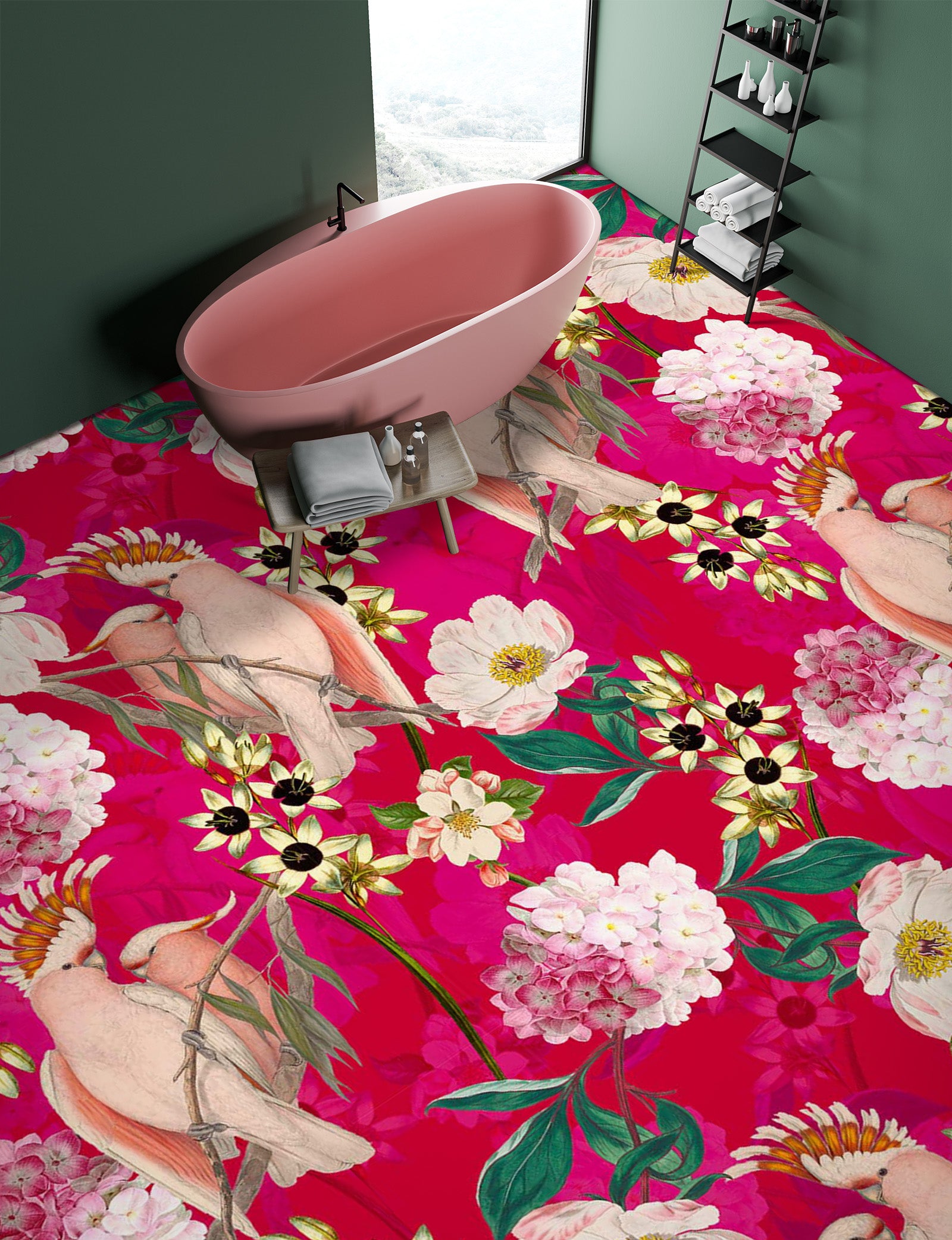 3D Pink Flower Bird 99206 Uta Naumann Floor Mural