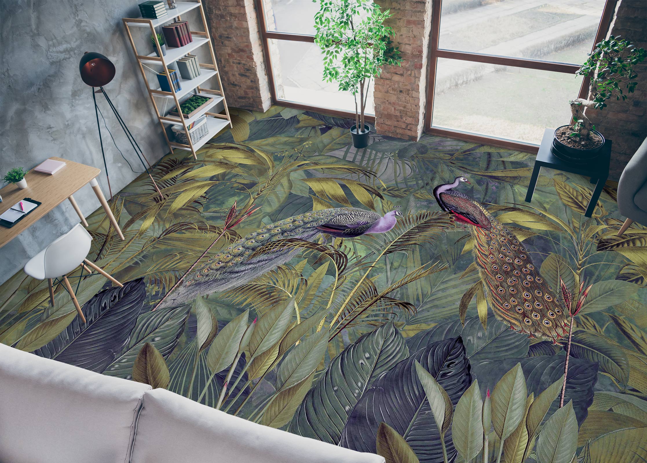 3D Jungle Leaves Peacock 10044 Andrea Haase Floor Mural