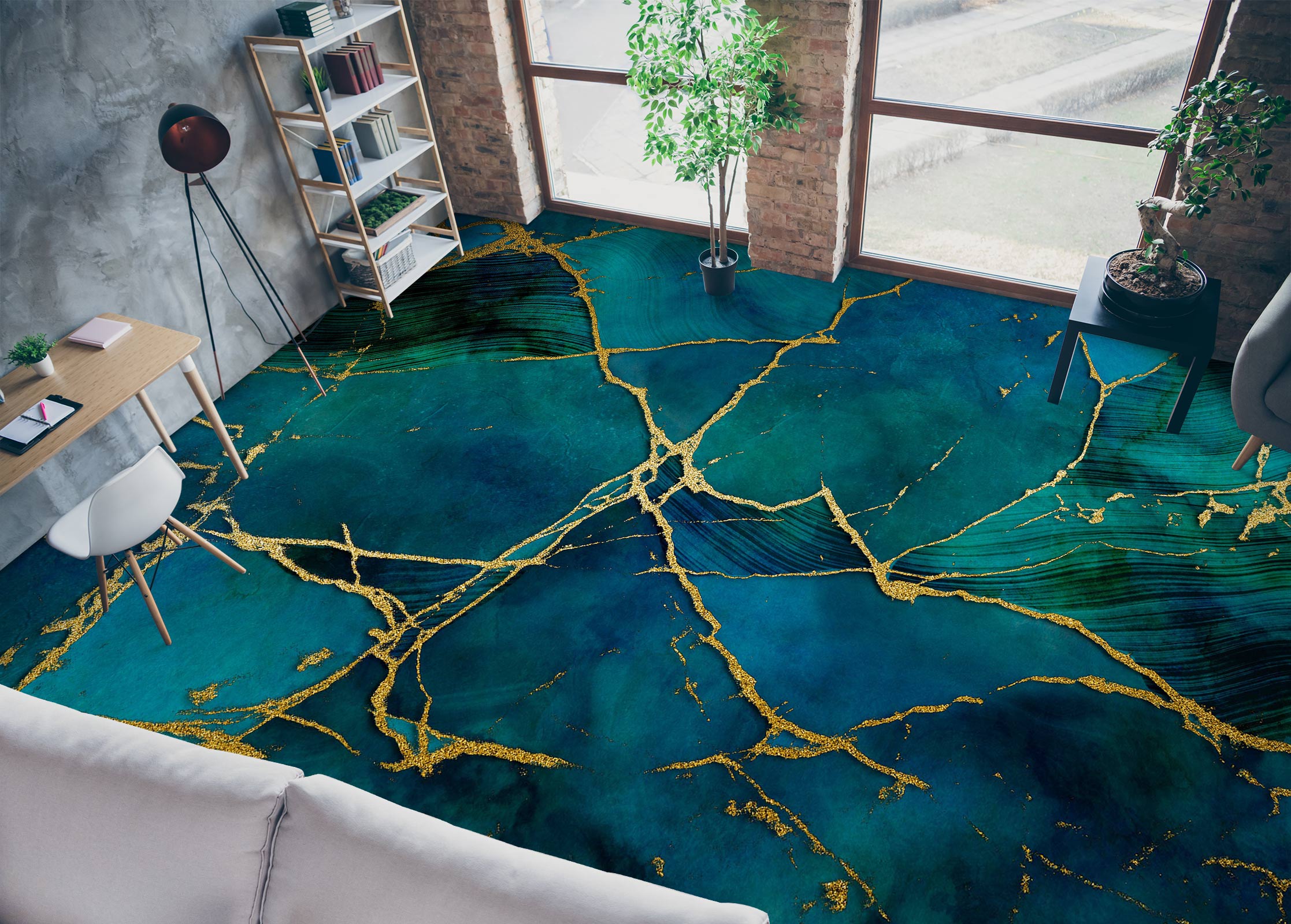 3D Green Pattern Golden Crack 102139 Andrea Haase Floor Mural