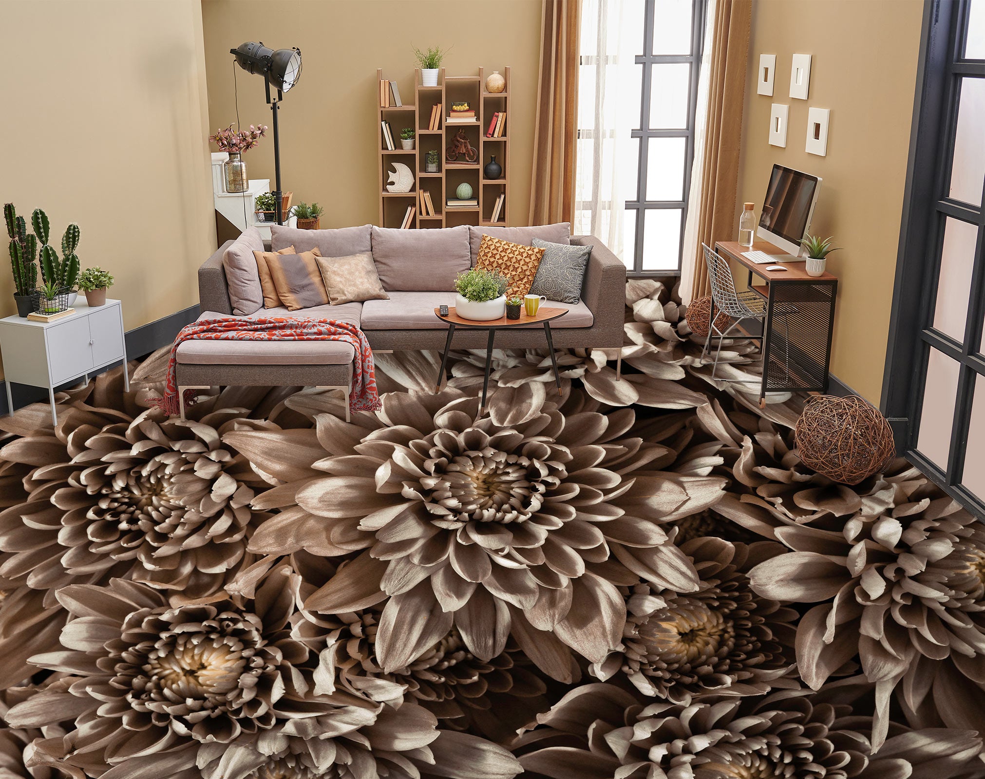 3D Flowers Brown 9863 Assaf Frank Floor Mural