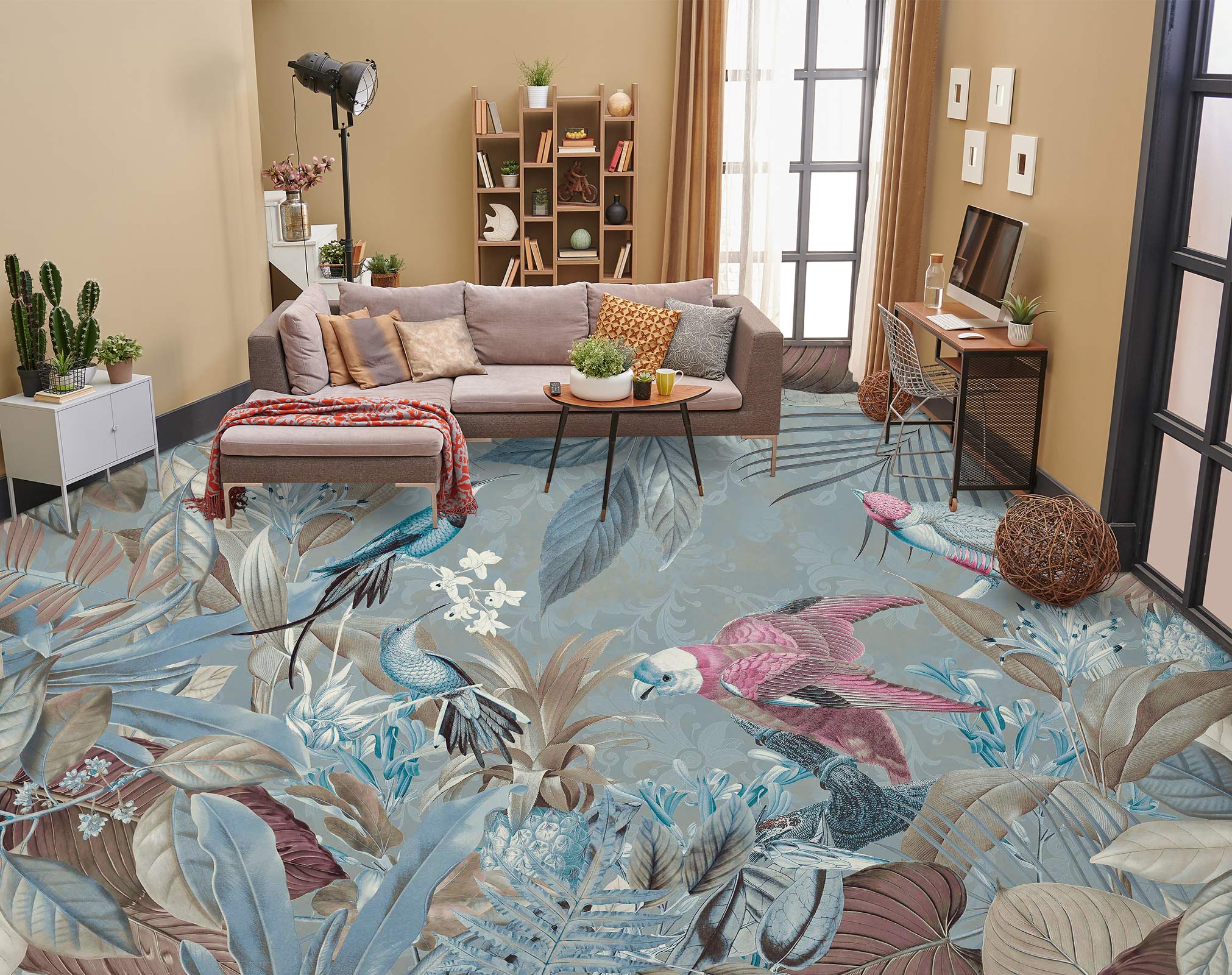 3D Bushes Leaves Blue Bird Red Parrot 10051 Andrea Haase Floor Mural