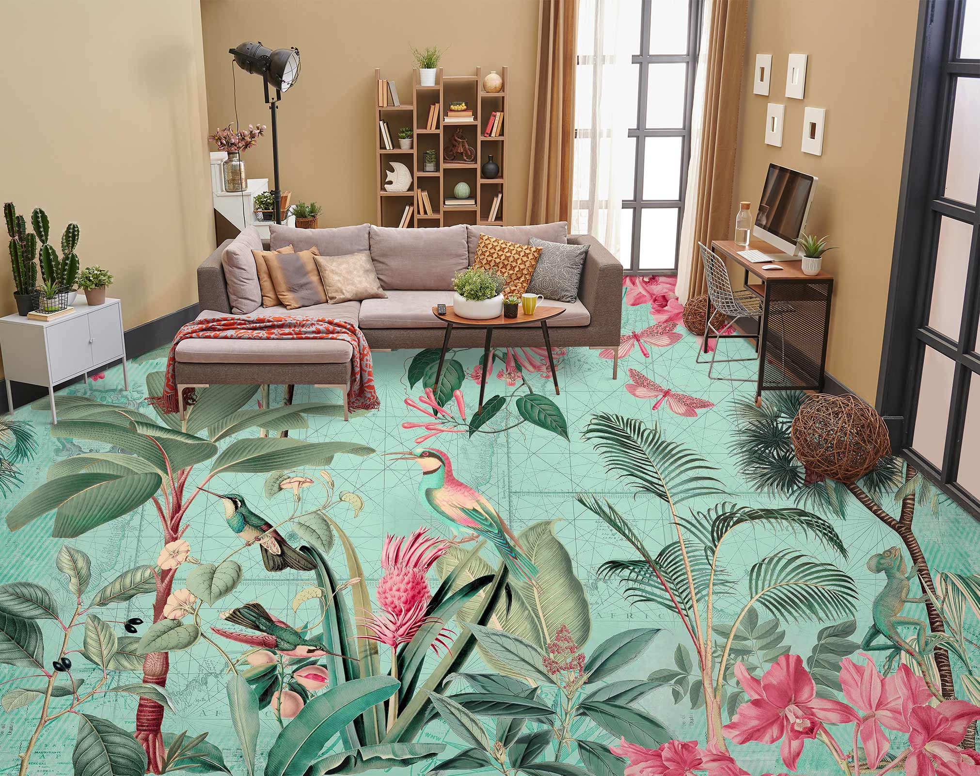 3D Jungle Colorful Bird Dragonfly 10053 Andrea Haase Floor Mural