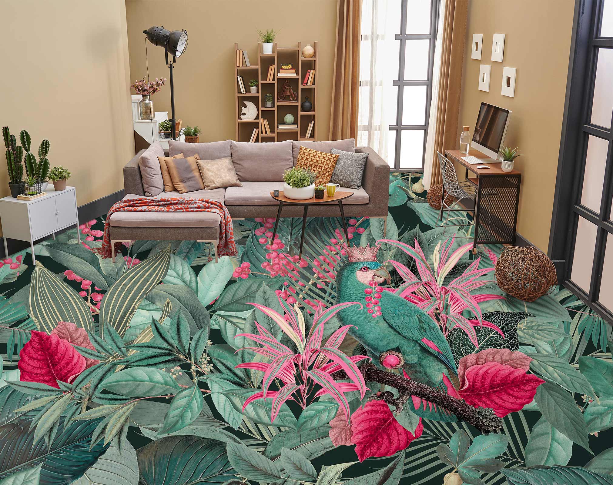 3D Green Pink Leaves Grove 10033 Andrea Haase Floor Mural